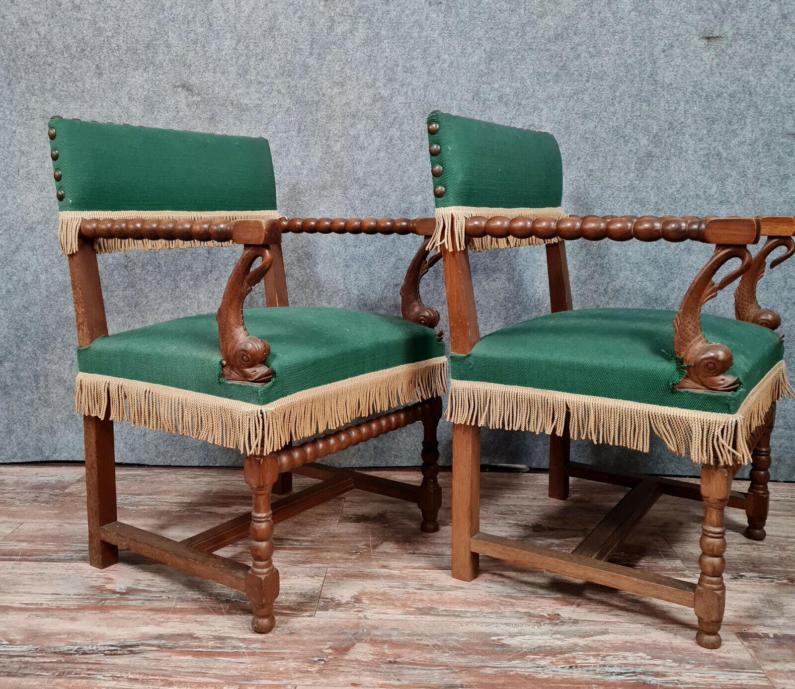 Exquisite Pair of Solid Oak Louis XIII Armchairs from circa 1850s -1X11 For Sale 2