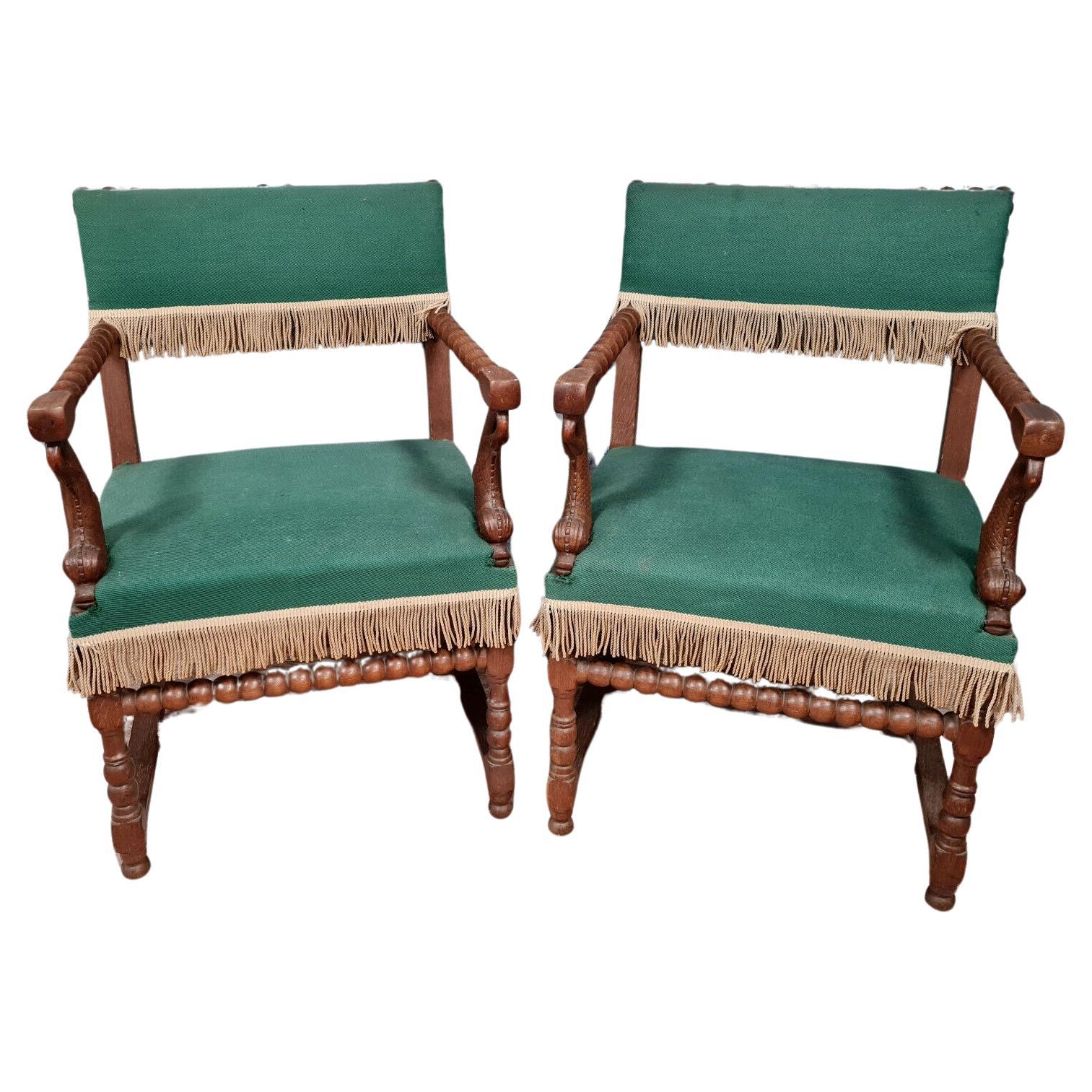 Exquisite Pair of Solid Oak Louis XIII Armchairs from circa 1850s -1X11 For Sale
