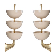 Exquisite Pair of Tiered White Enamel and Brass Sconces by Stilnovo, Italy 1950s