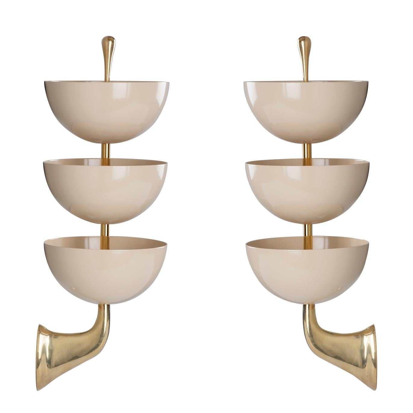 Exquisite Pair of Tiered White Enamel and Brass Sconces by Stilnovo, Italy 1950s