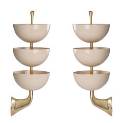 Exquisite Pair of Tiered White Enamel and Brass Sconces by Stilnovo, Italy 1950s