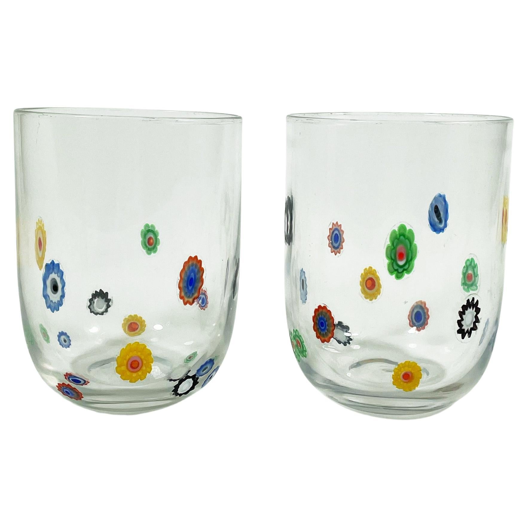 Exquise paire de verres de Murano transparents avec motif floral