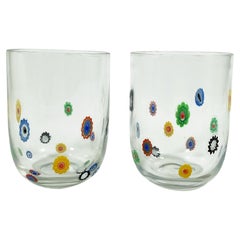 Exquisite Pair of Transparent Murano Glasses with Floral Design