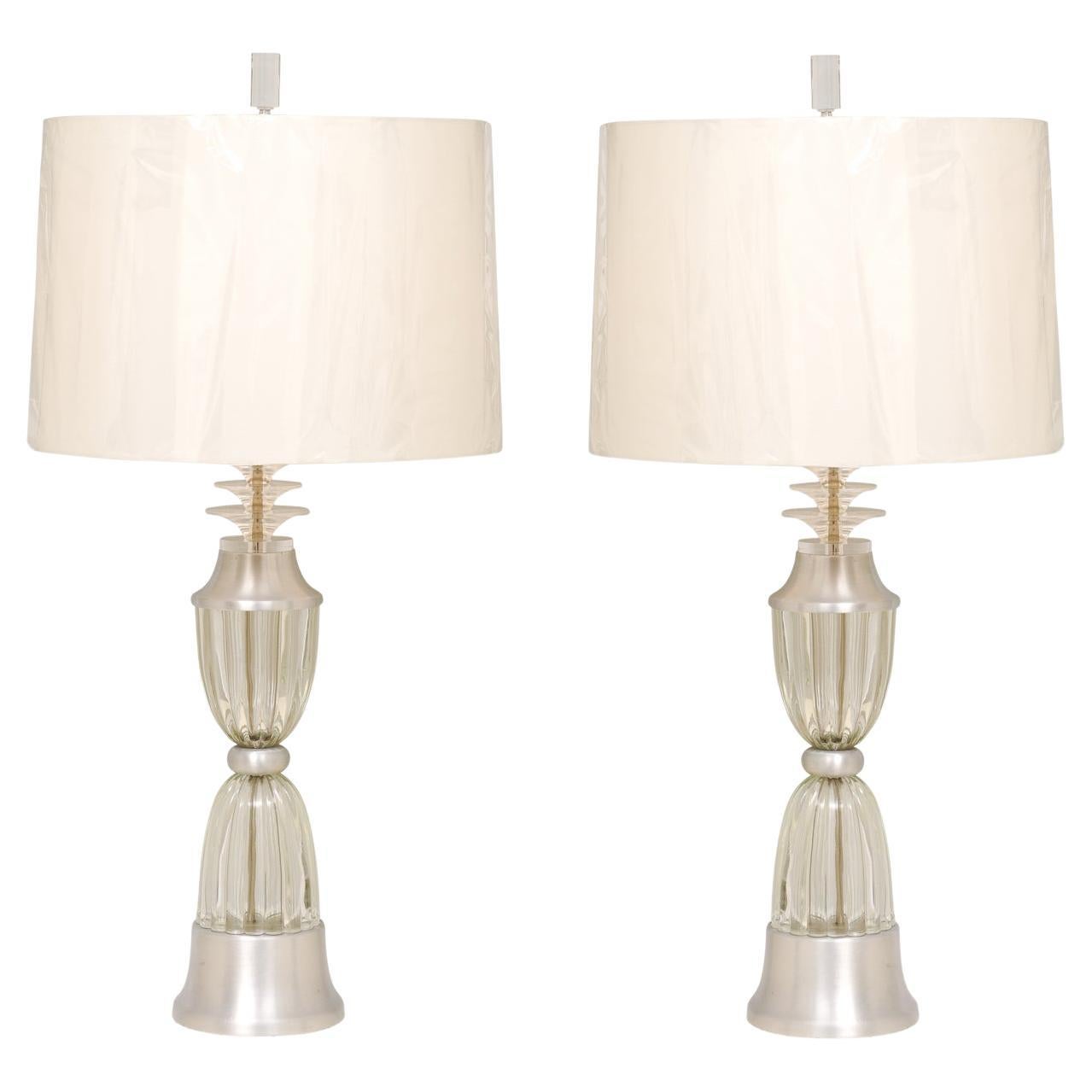 Exquisite Pair of Vintage Aluminum and Crystal Art Deco Lamps by Russel Wright