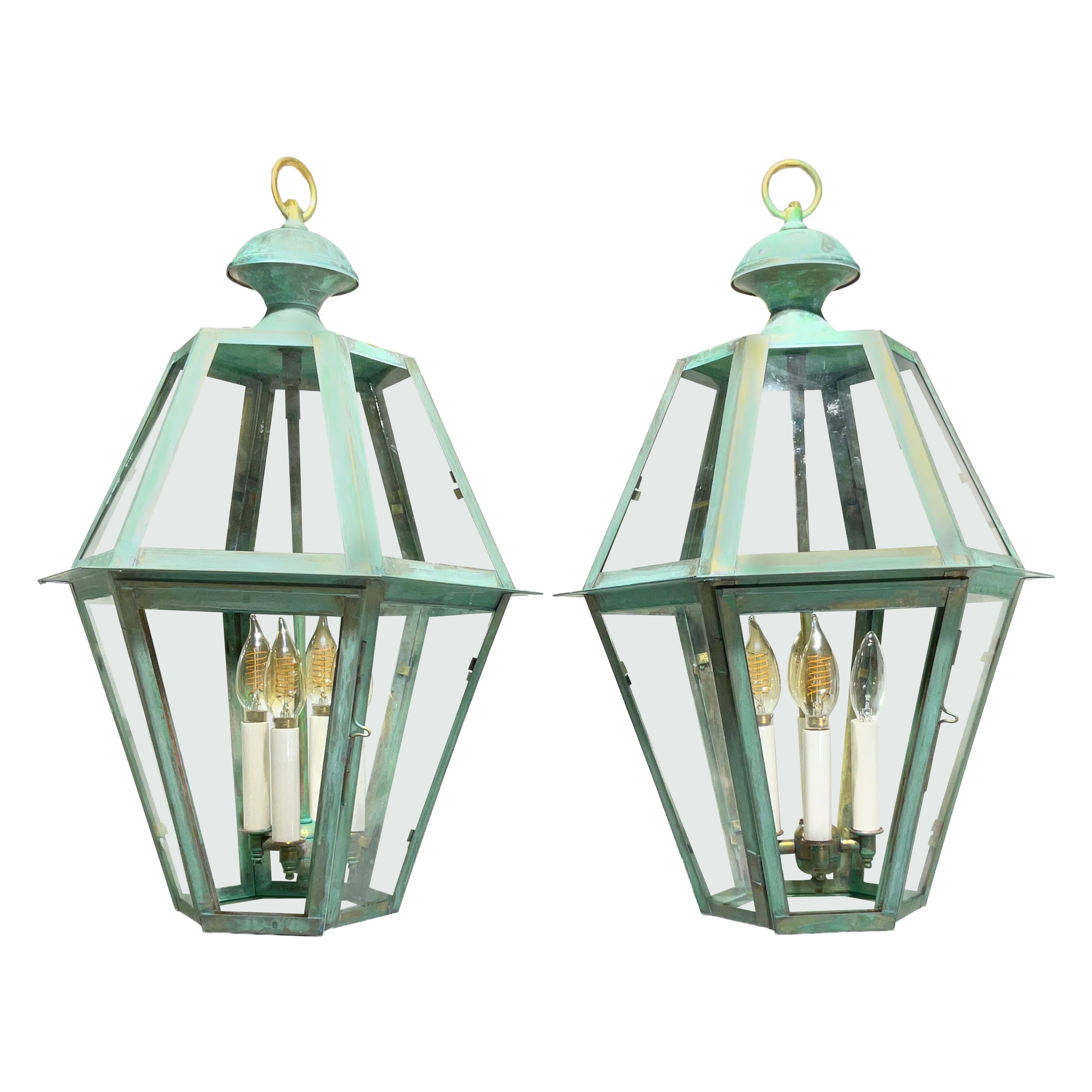 Exquisite Pair of Vintage Solid Brass Hexagonal Hanging Lanterns - 24” x 16” For Sale