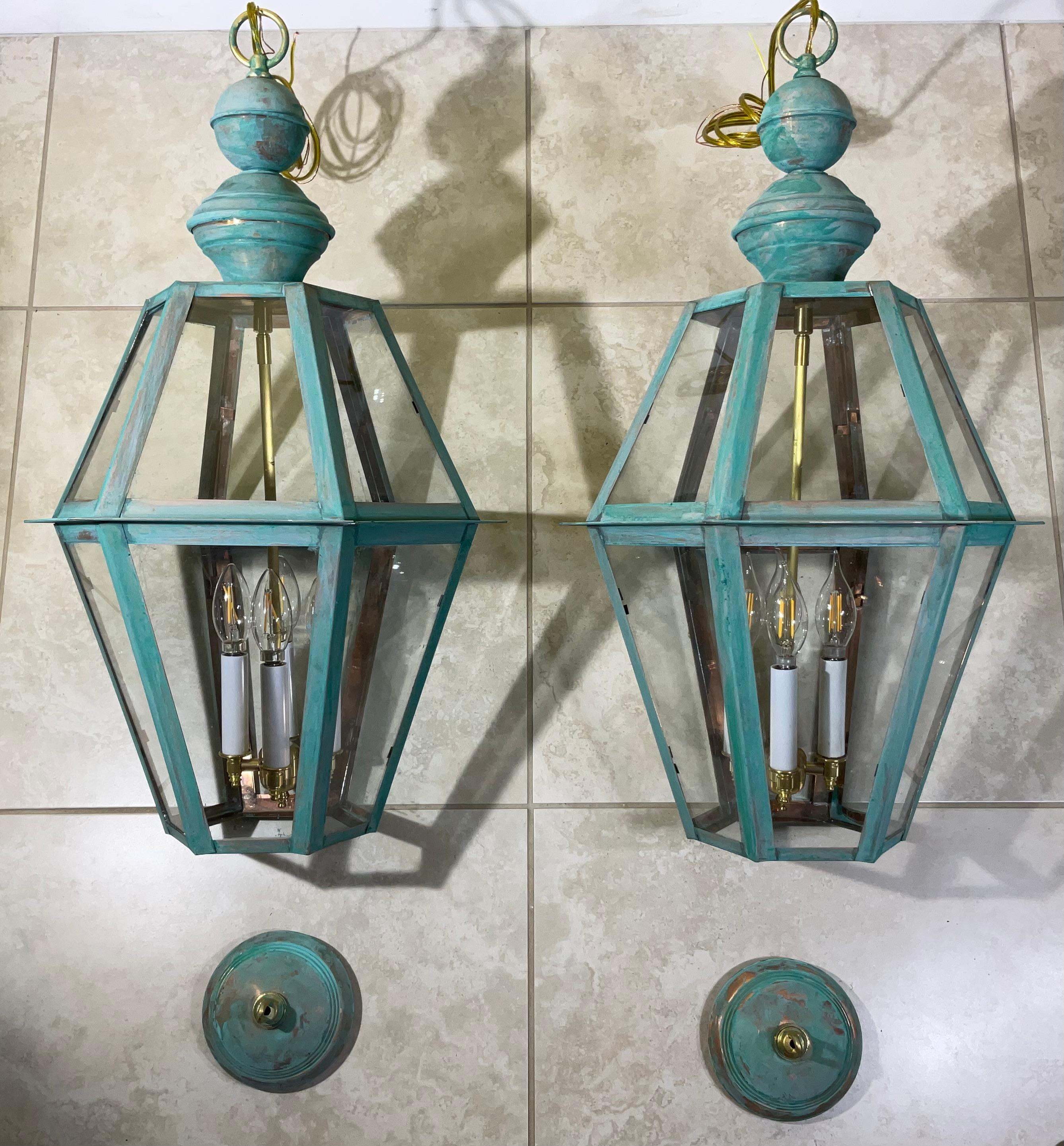 Exquisite Paar Vintage massivem Kupfer & Messing Verdigris Laternen im Angebot 5