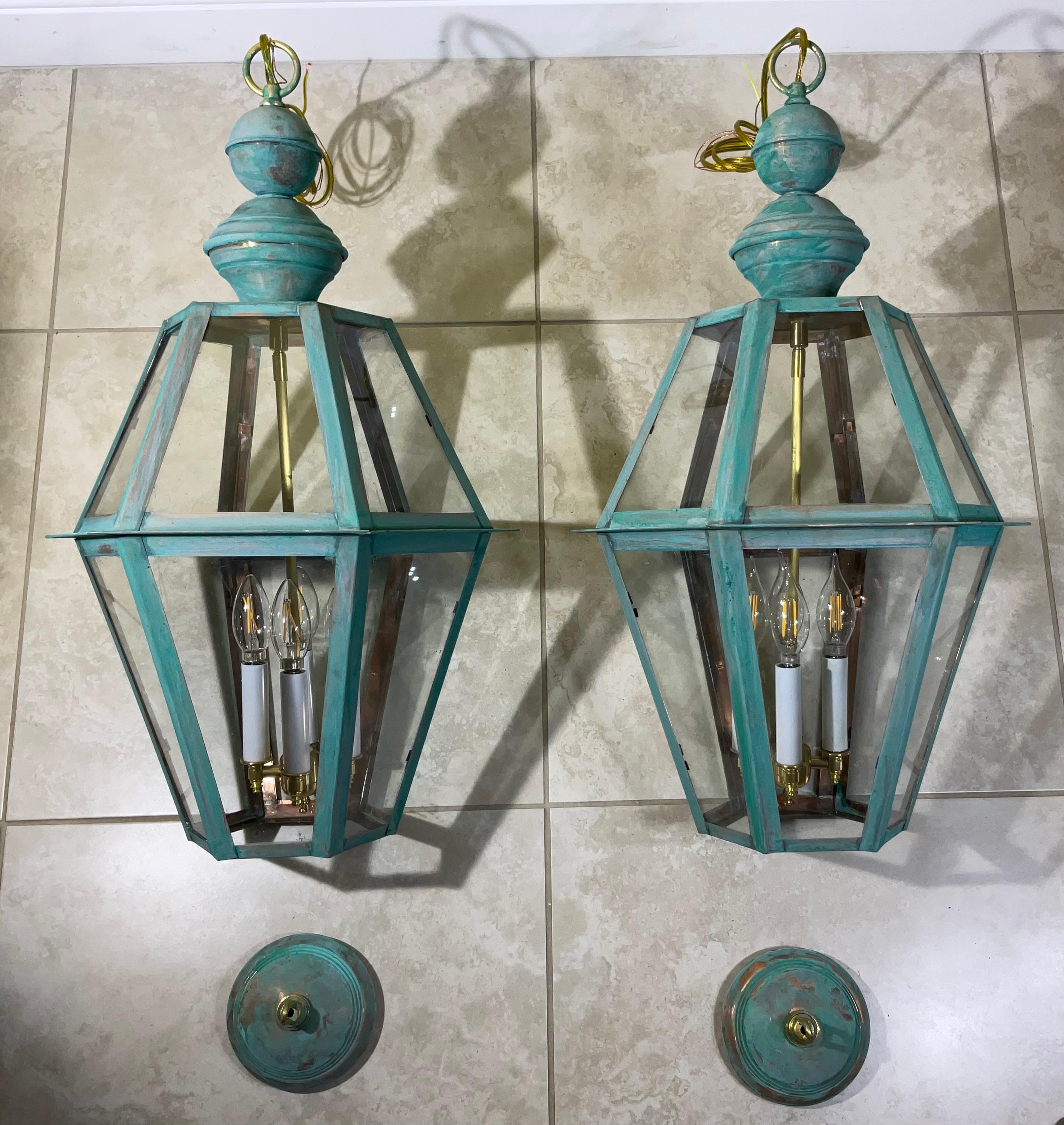 Exquisite Paar Vintage massivem Kupfer & Messing Verdigris Laternen im Angebot 6
