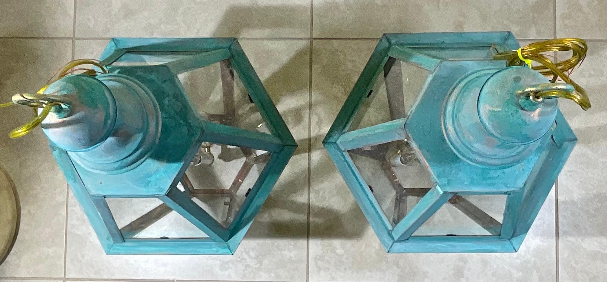Exquisite Pair of Vintage Solid Copper & Brass Verdigris Lanterns For Sale 8