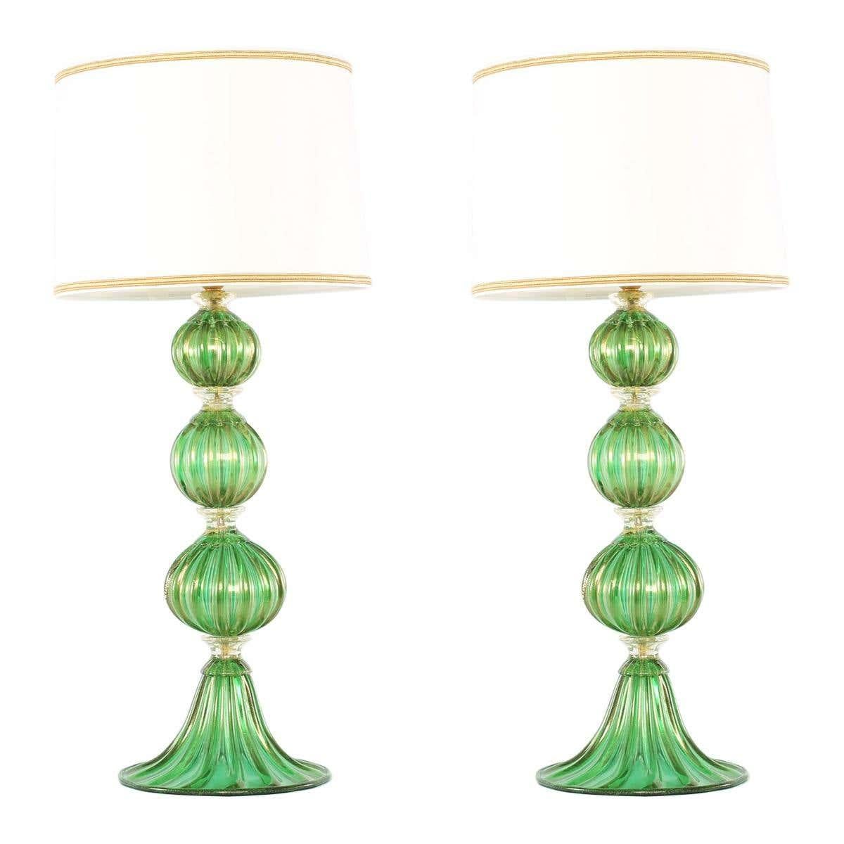 Exquisite Pair Venetian Glass / Gold Flecks Table Lamps For Sale 4