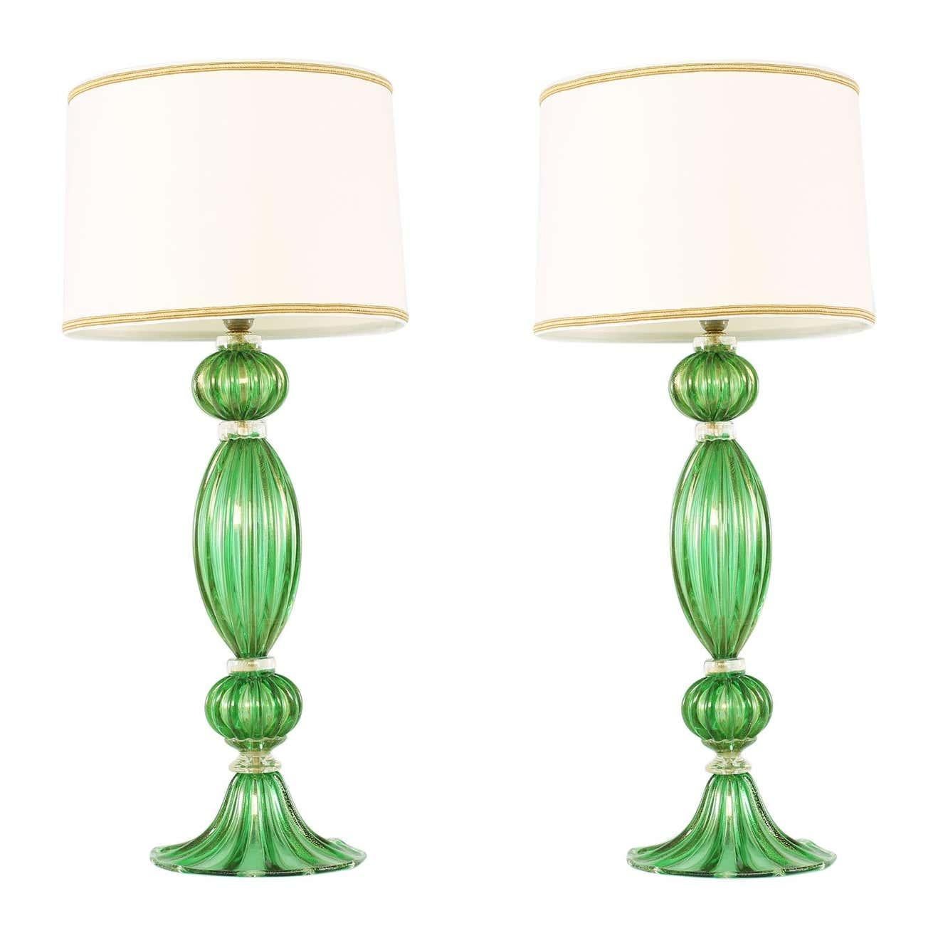 Italian Exquisite Pair Venetian Glass / Gold Flecks Table Lamps