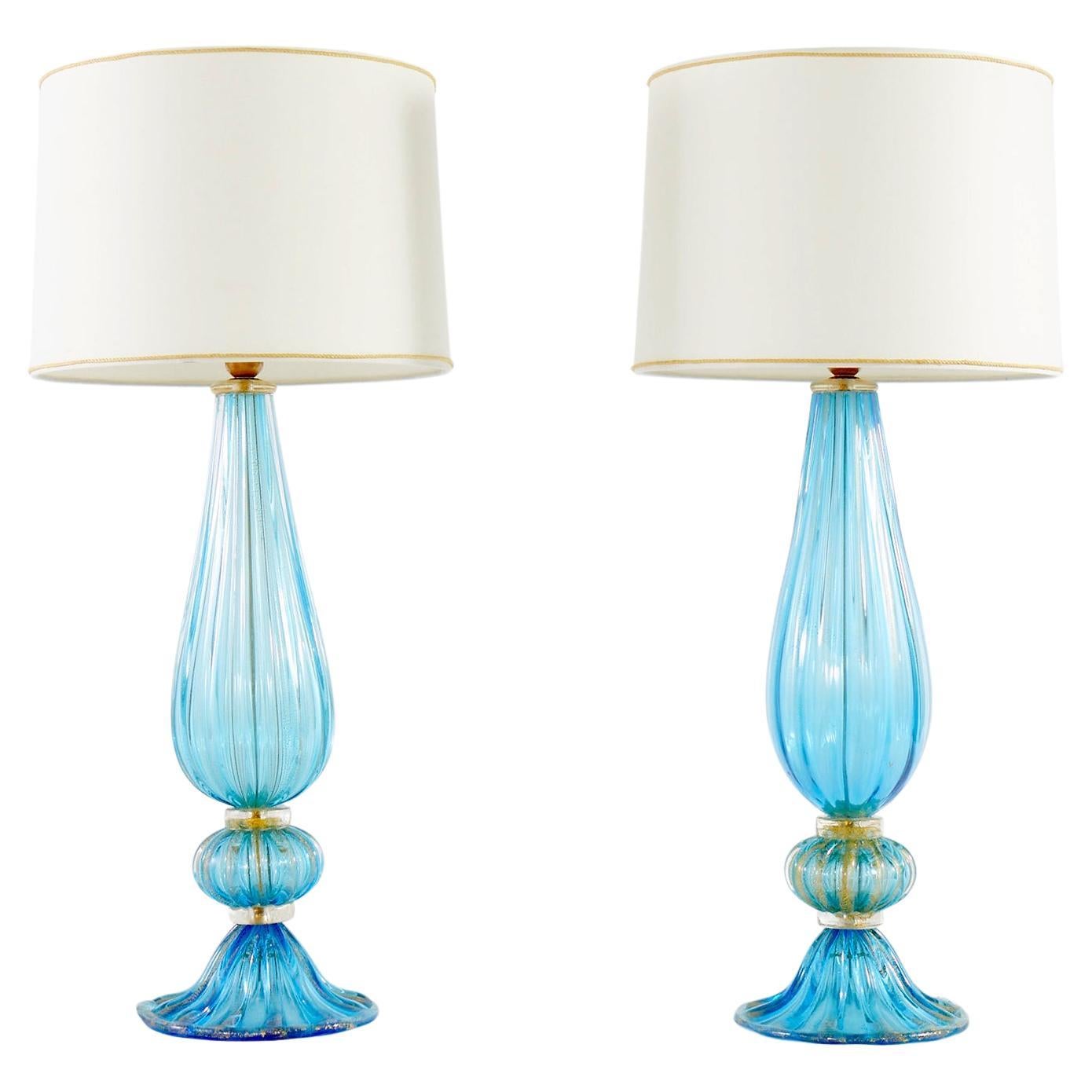 Exquisite Pair Venetian Glass / Gold Flecks Table Lamps