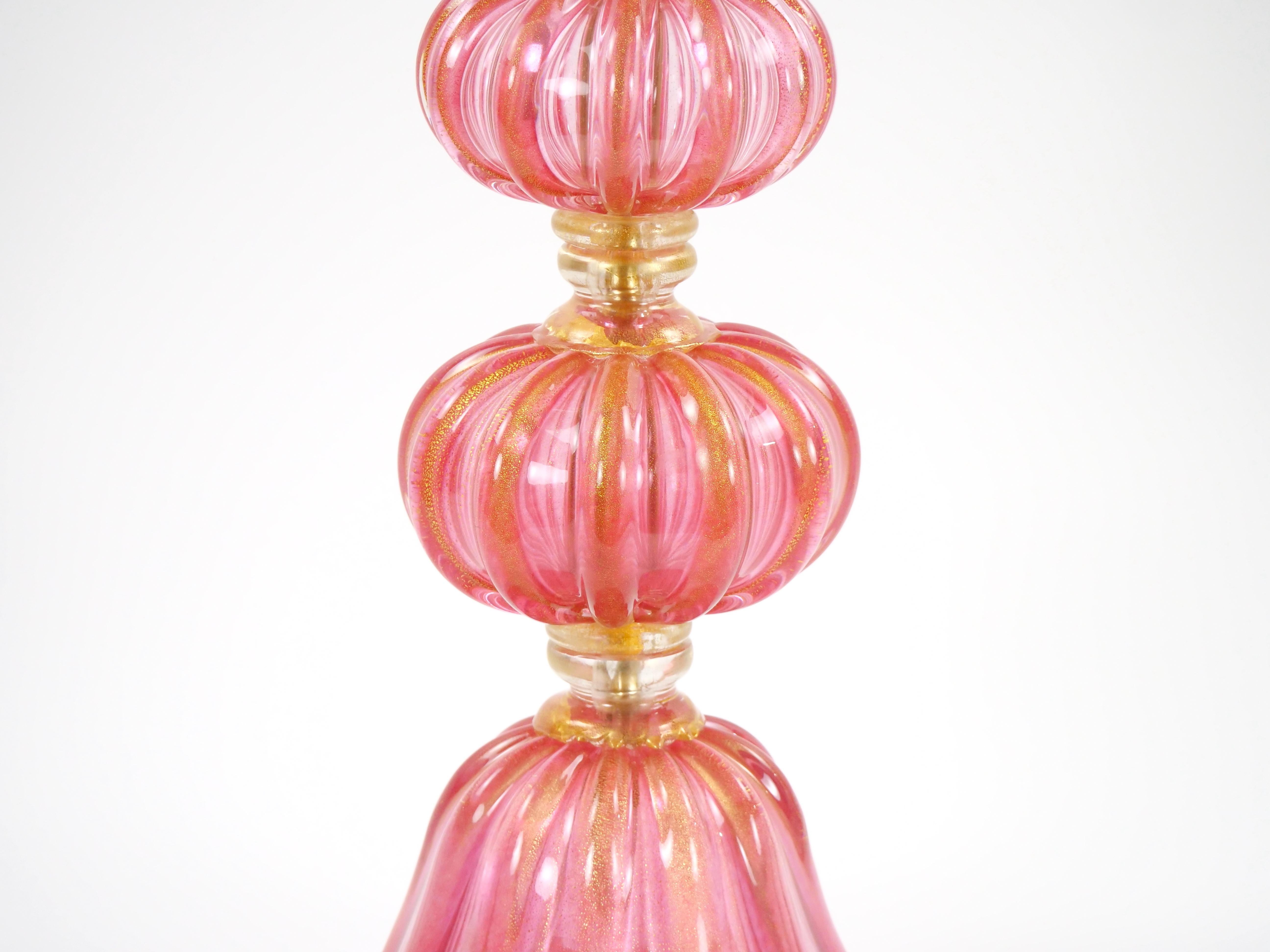 Exquisite Pair Venetian Pink Glass / Gold Flecks Table Lamps For Sale 4