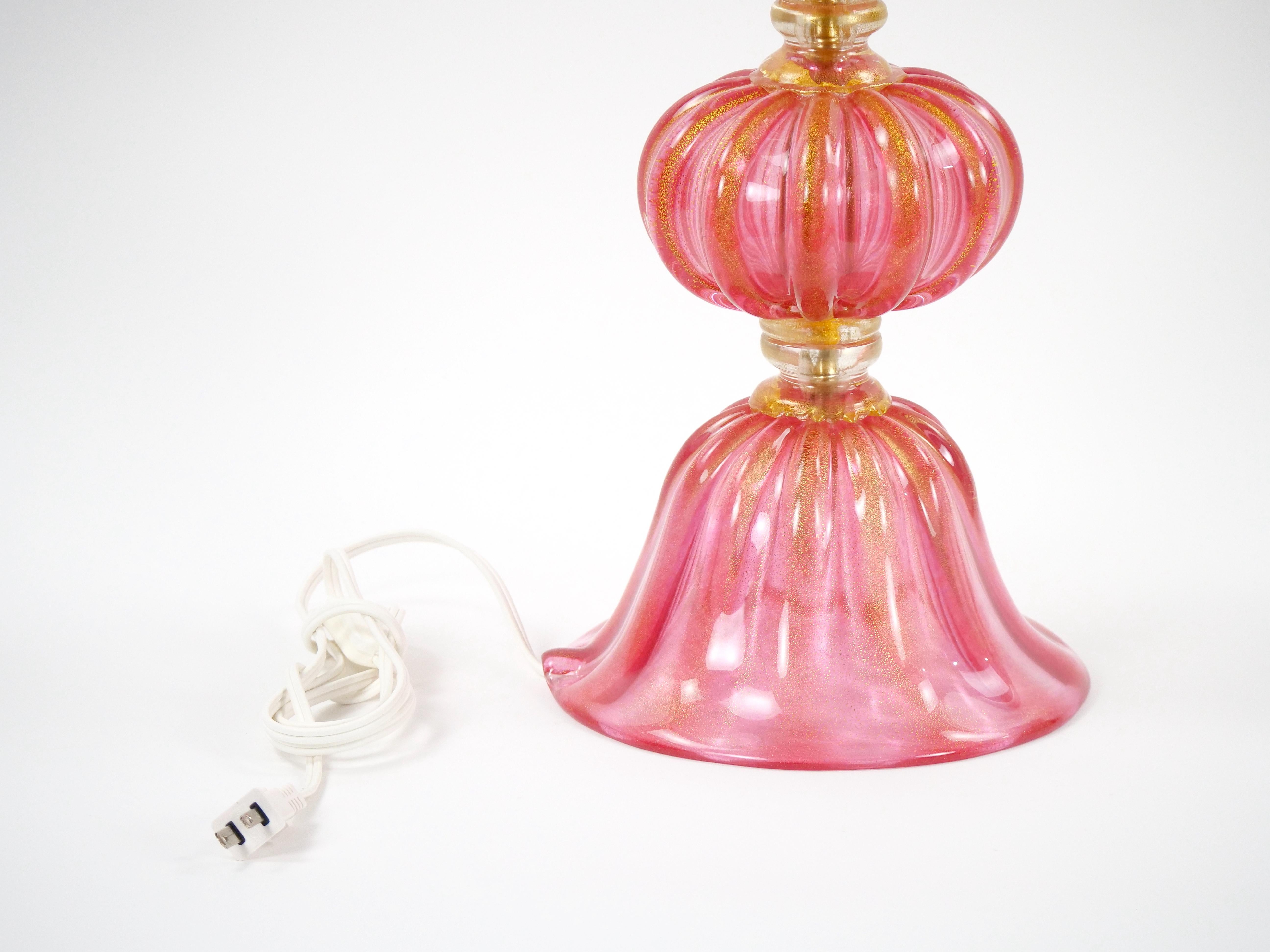 Exquisite Pair Venetian Pink Glass / Gold Flecks Table Lamps For Sale 6