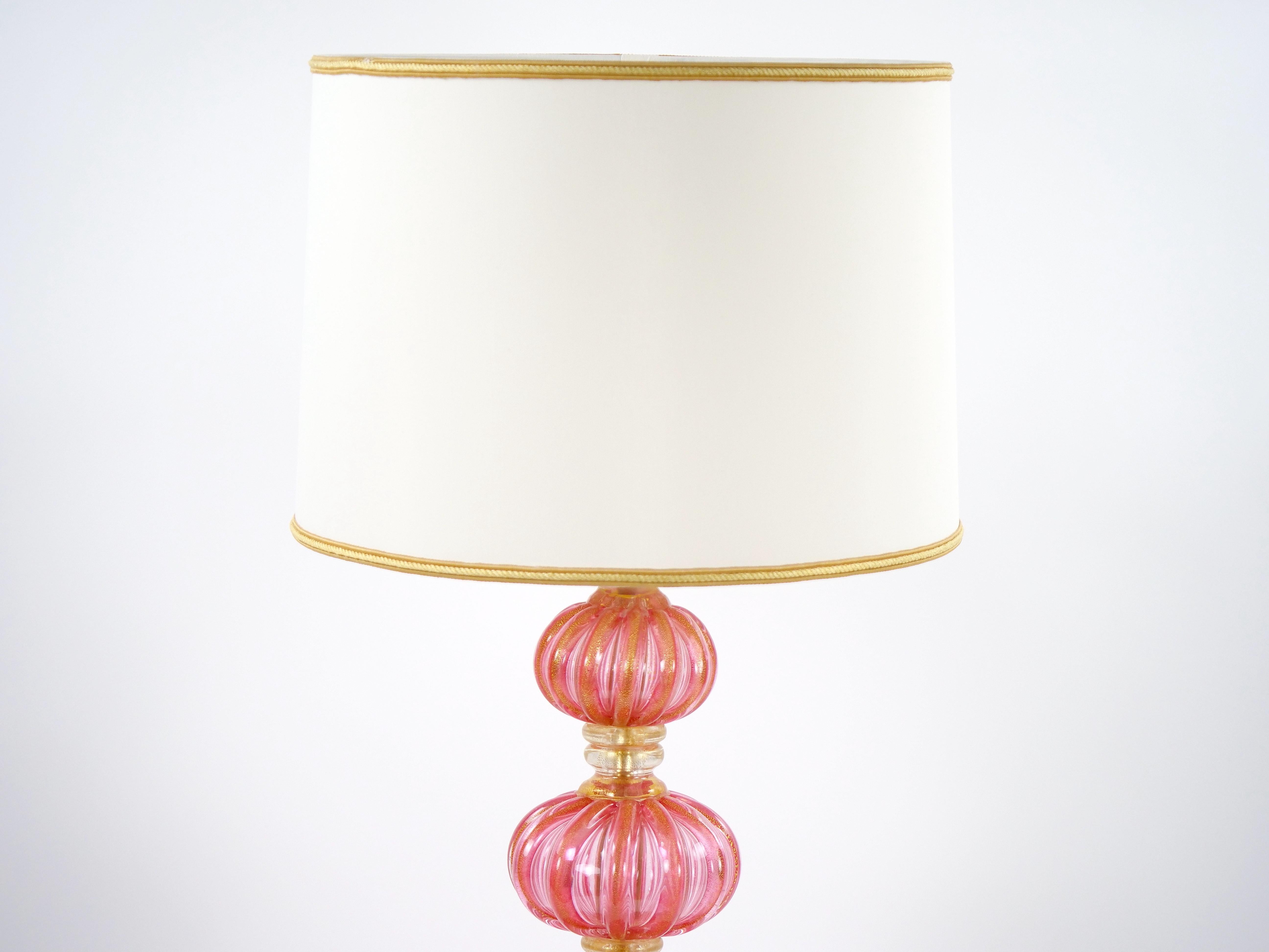 Exquisite Pair Venetian Pink Glass / Gold Flecks Table Lamps For Sale 7