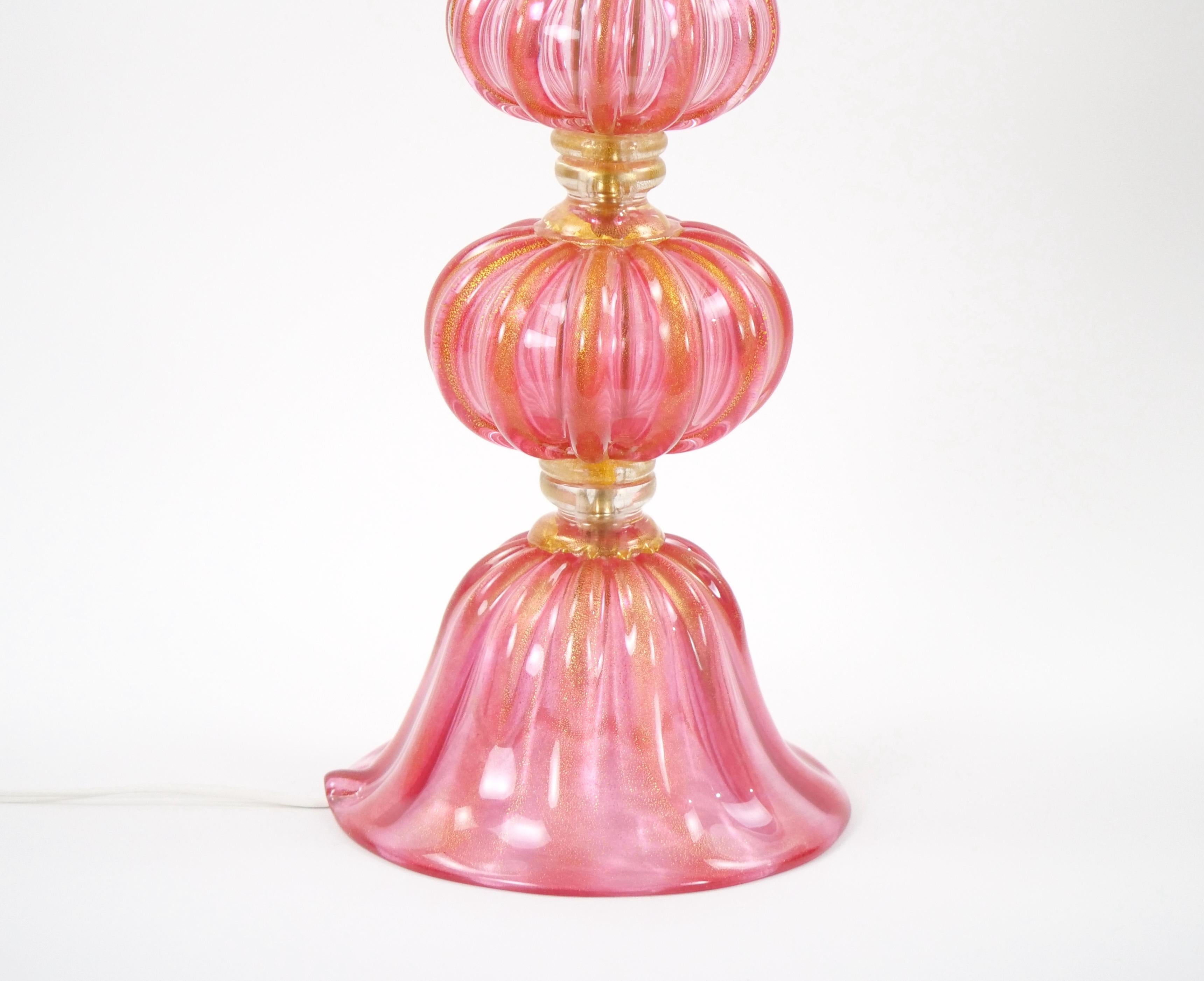 Exquisite Pair Venetian Pink Glass / Gold Flecks Table Lamps For Sale 8