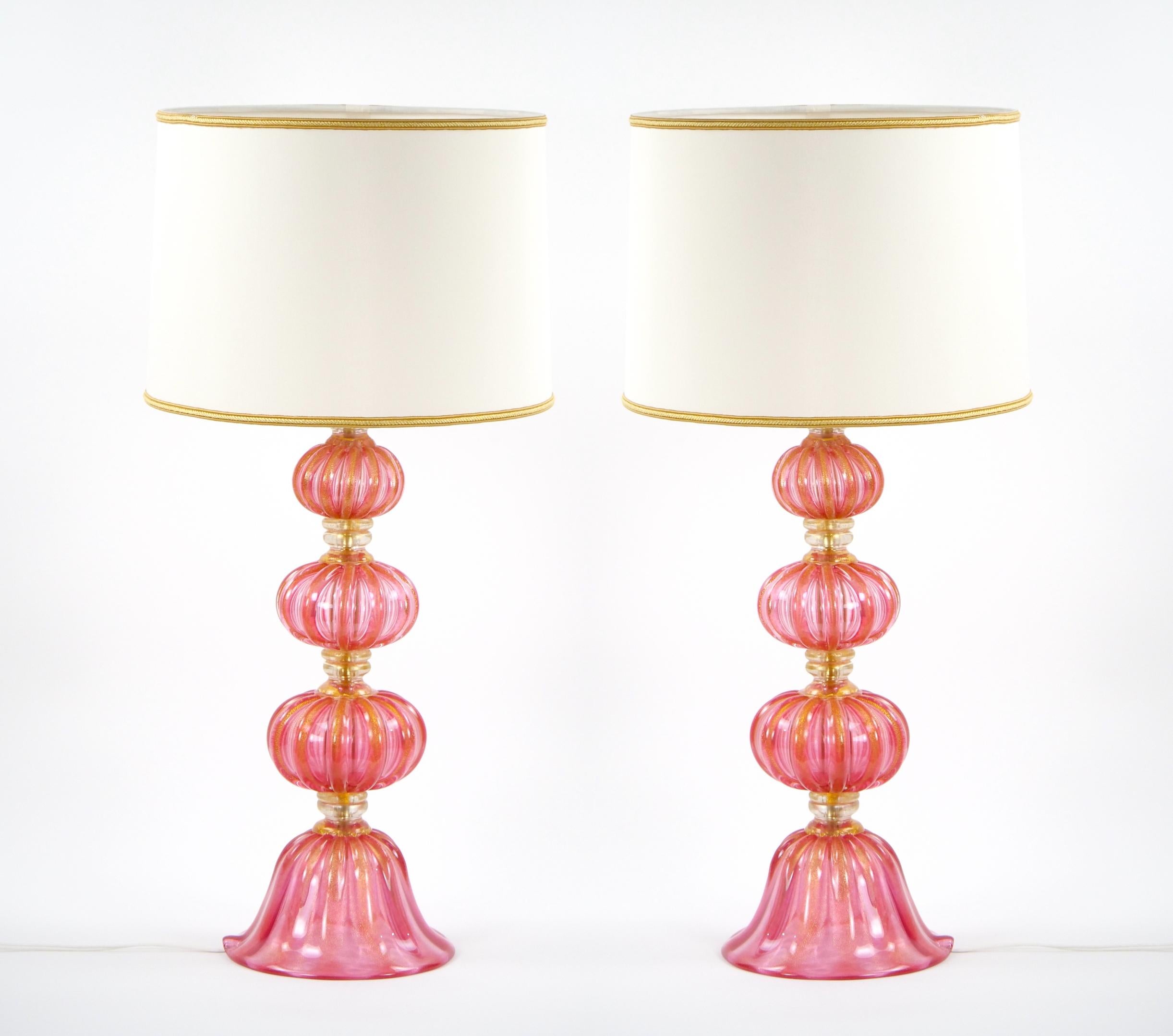 Exquisite Pair Venetian Pink Glass / Gold Flecks Table Lamps For Sale 7