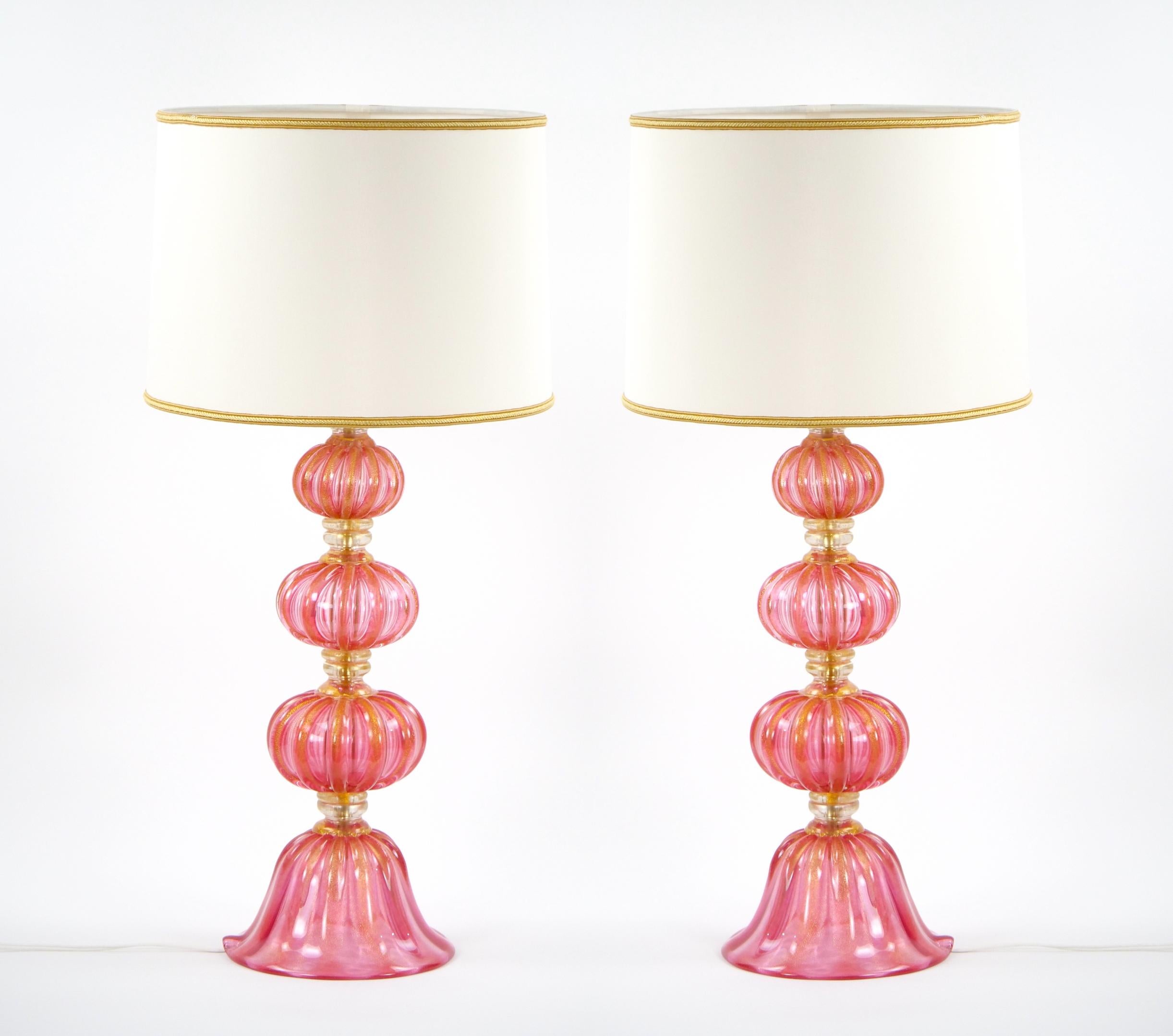 Exquisite Pair Venetian Pink Glass / Gold Flecks Table Lamps For Sale 8