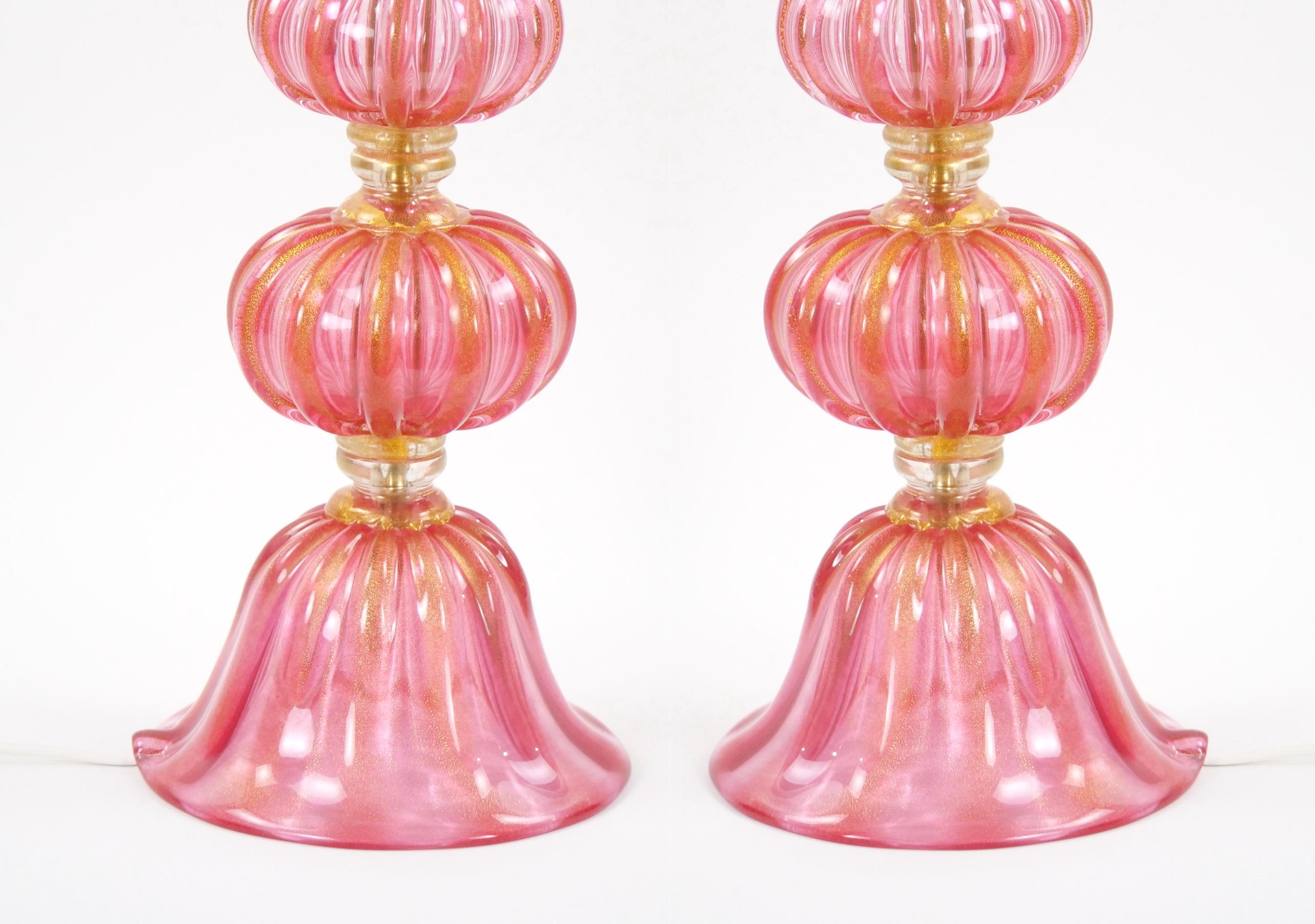 Italian Exquisite Pair Venetian Pink Glass / Gold Flecks Table Lamps For Sale