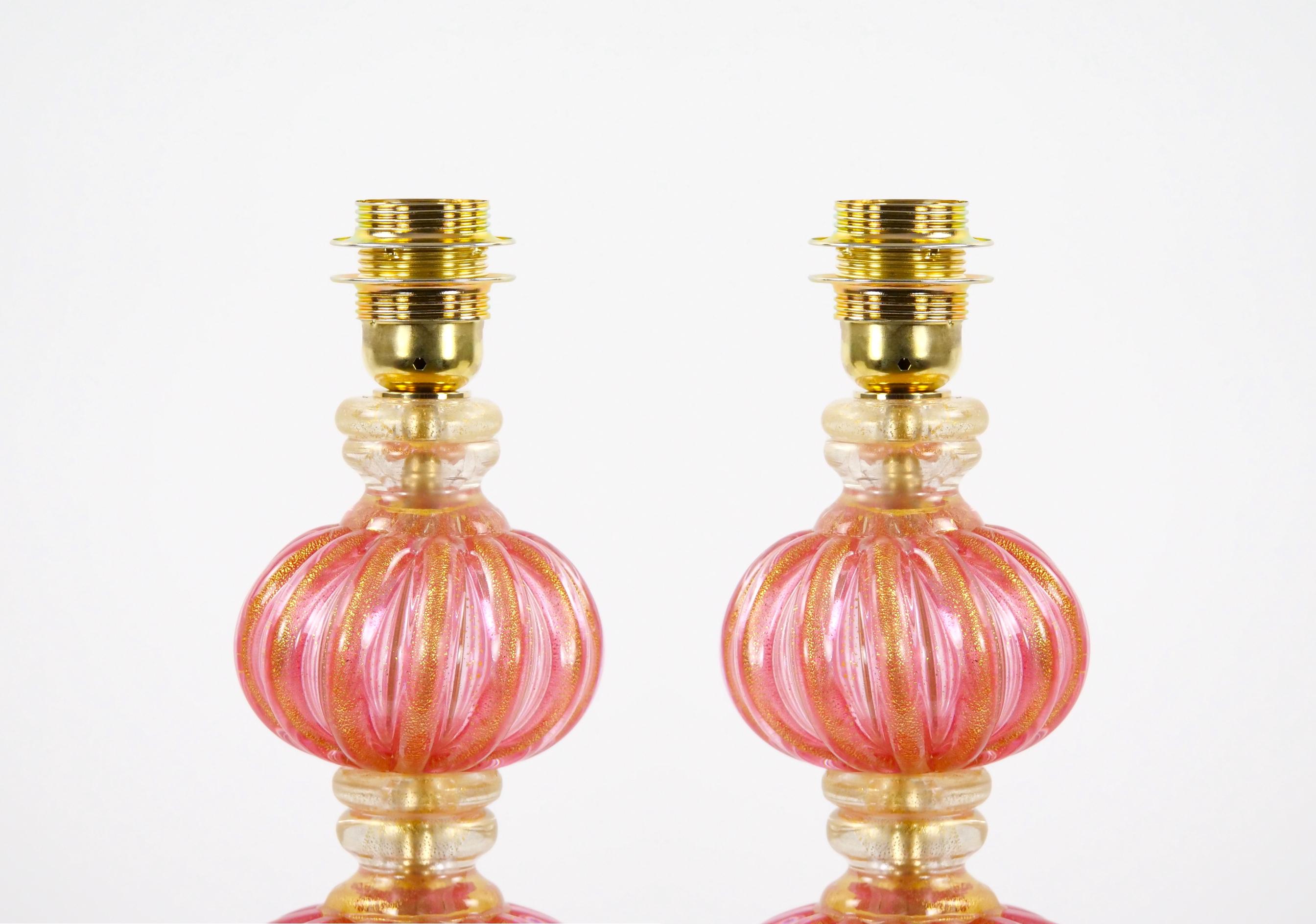 Hand-Crafted Exquisite Pair Venetian Pink Glass / Gold Flecks Table Lamps For Sale
