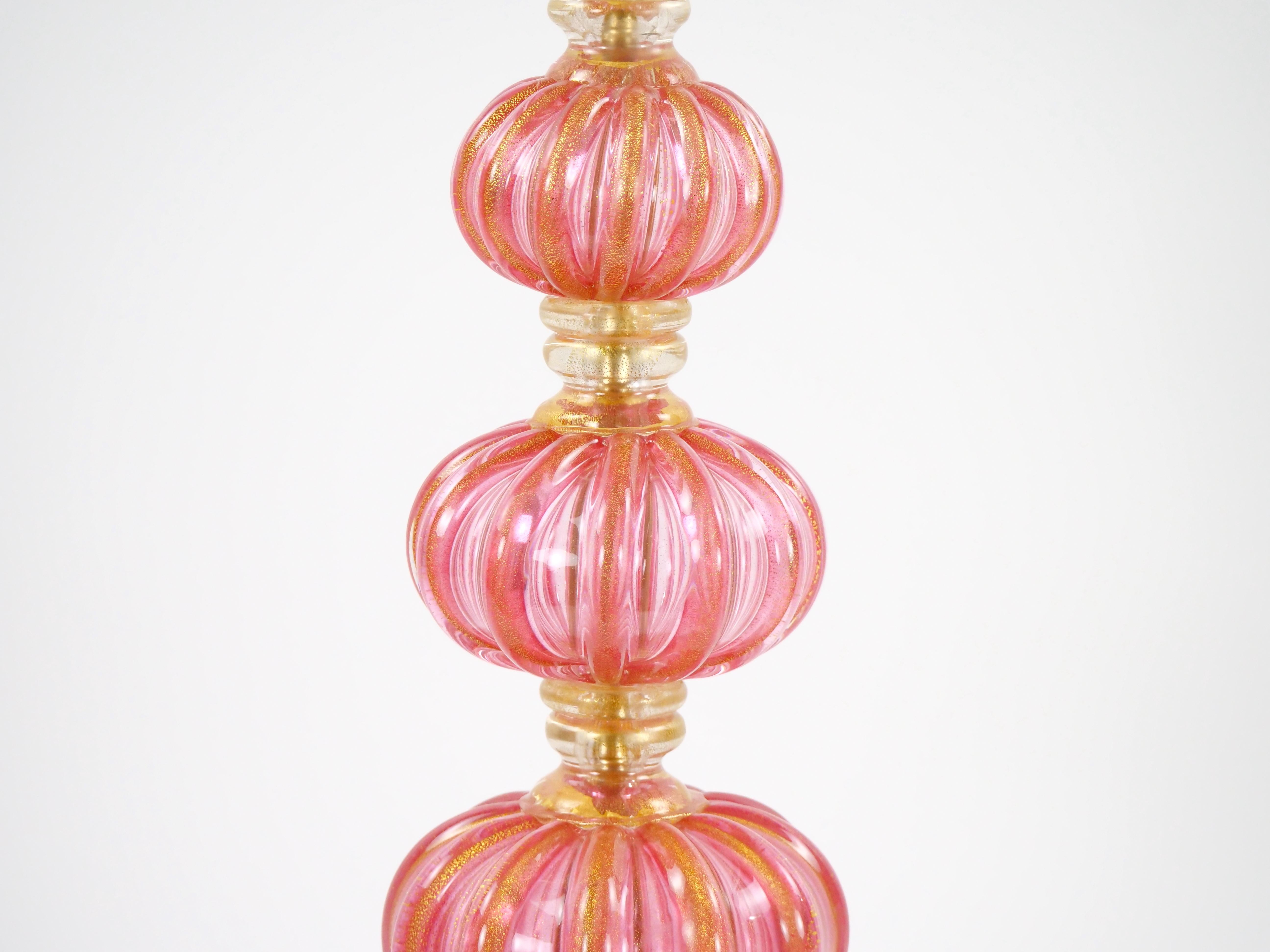20th Century Exquisite Pair Venetian Pink Glass / Gold Flecks Table Lamps For Sale