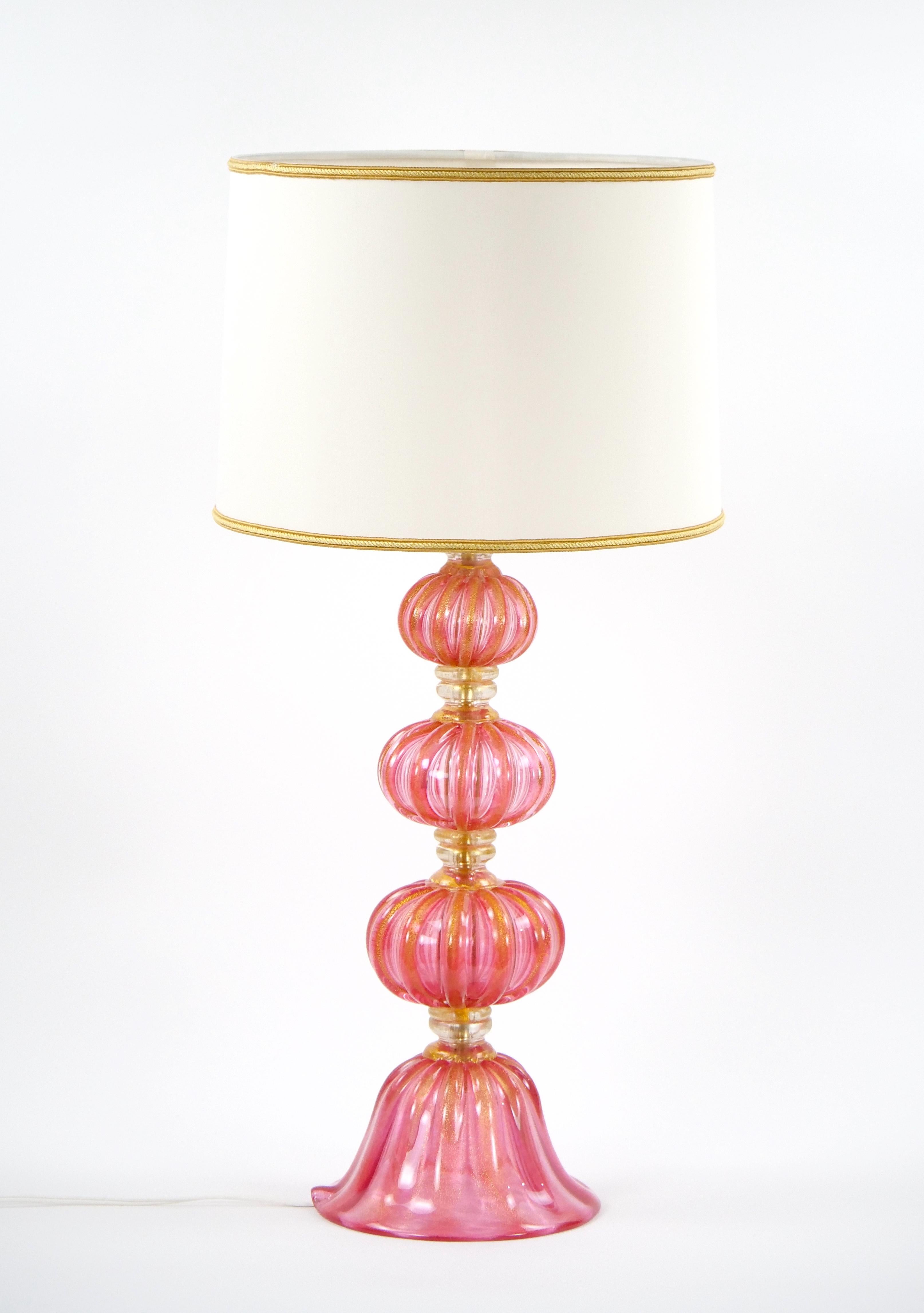 Exquisite Pair Venetian Pink Glass / Gold Flecks Table Lamps For Sale 1