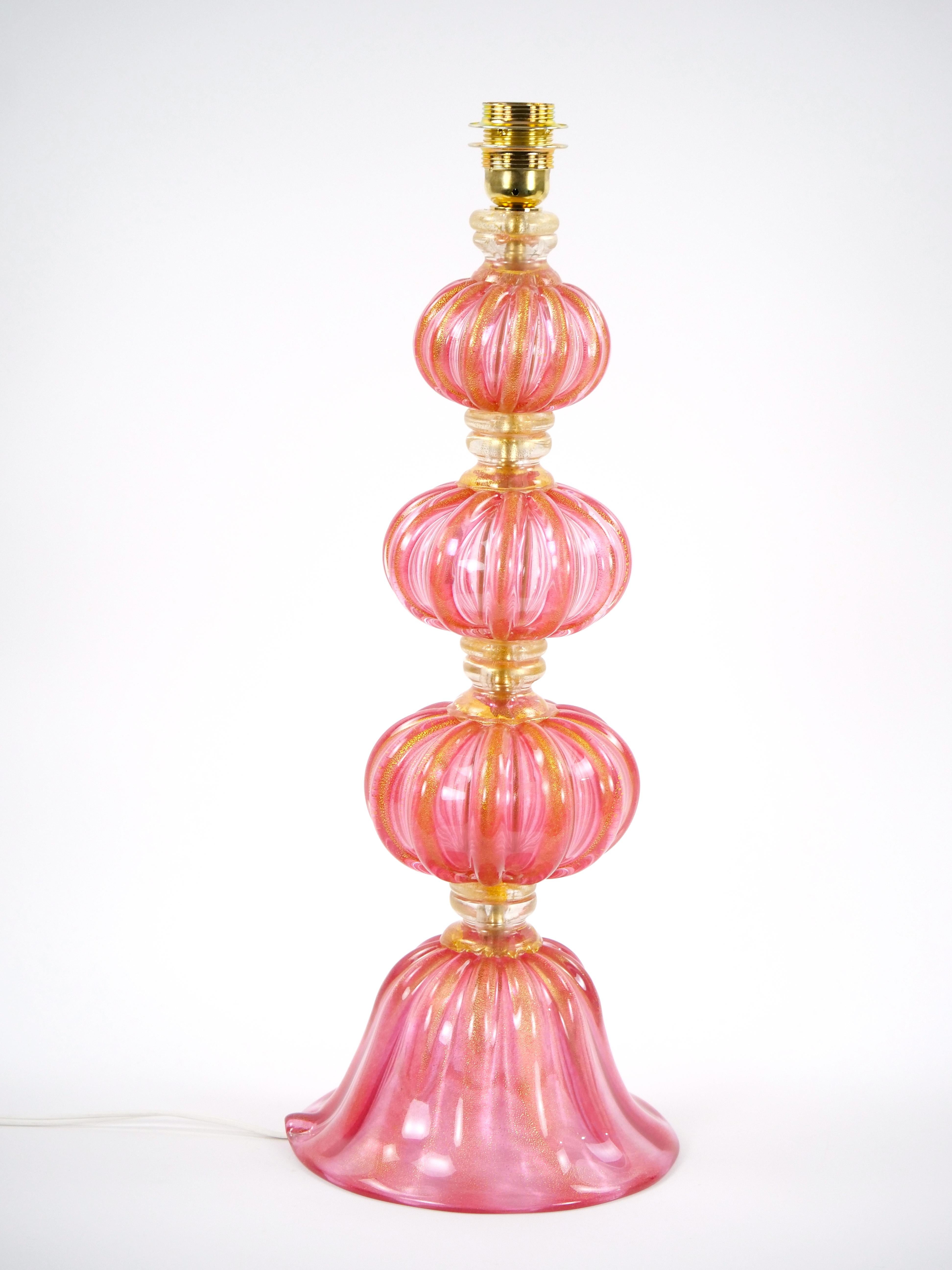 Exquisite Pair Venetian Pink Glass / Gold Flecks Table Lamps For Sale 2