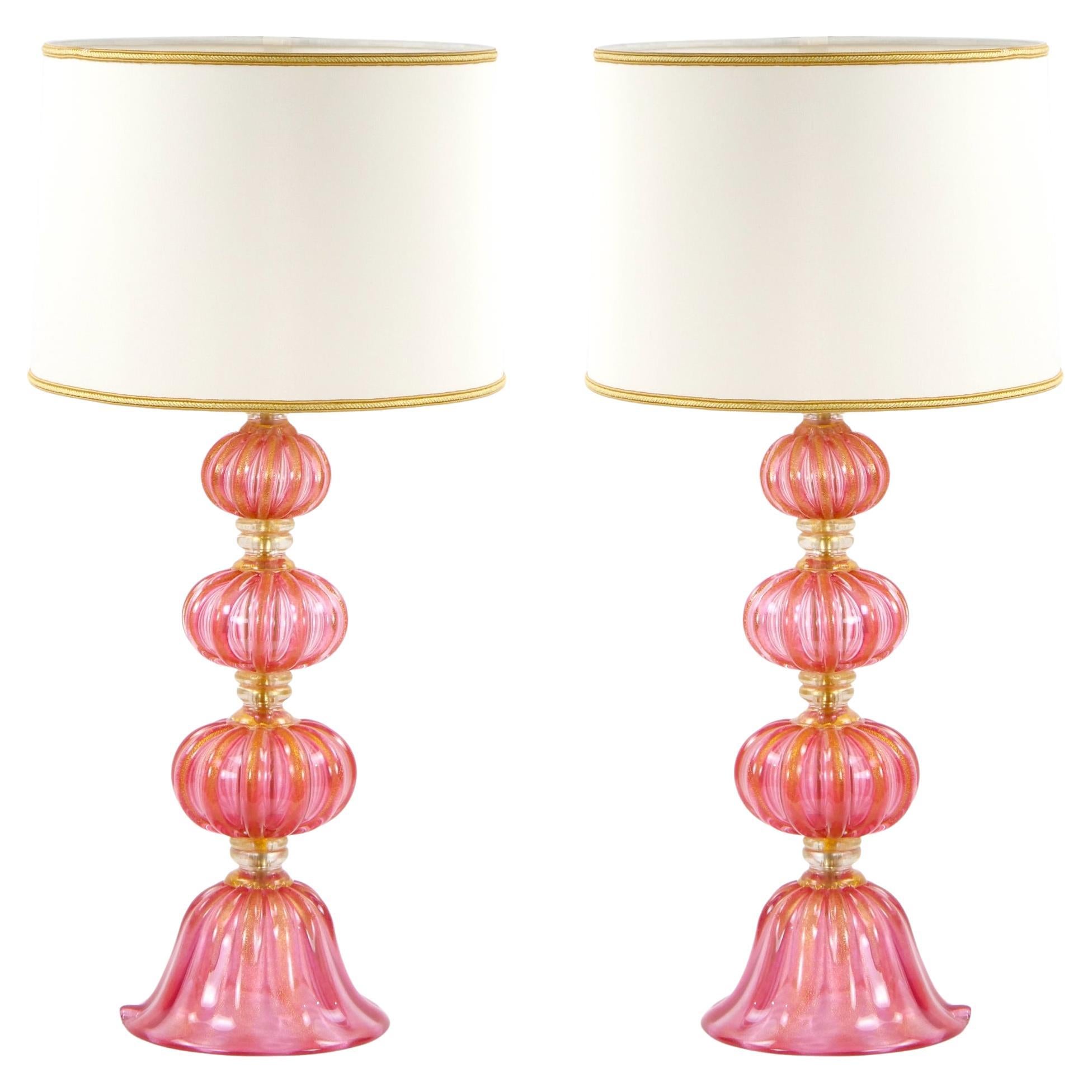 Exquisite Pair Venetian Pink Glass / Gold Flecks Table Lamps For Sale