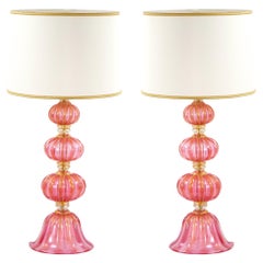 Exquisite Pair Venetian Pink Glass / Gold Flecks Table Lamps