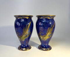 Exquisite Pair Wedgwood Royal Blue Bird of Paradise Ordinary Lustre Vases Z5294