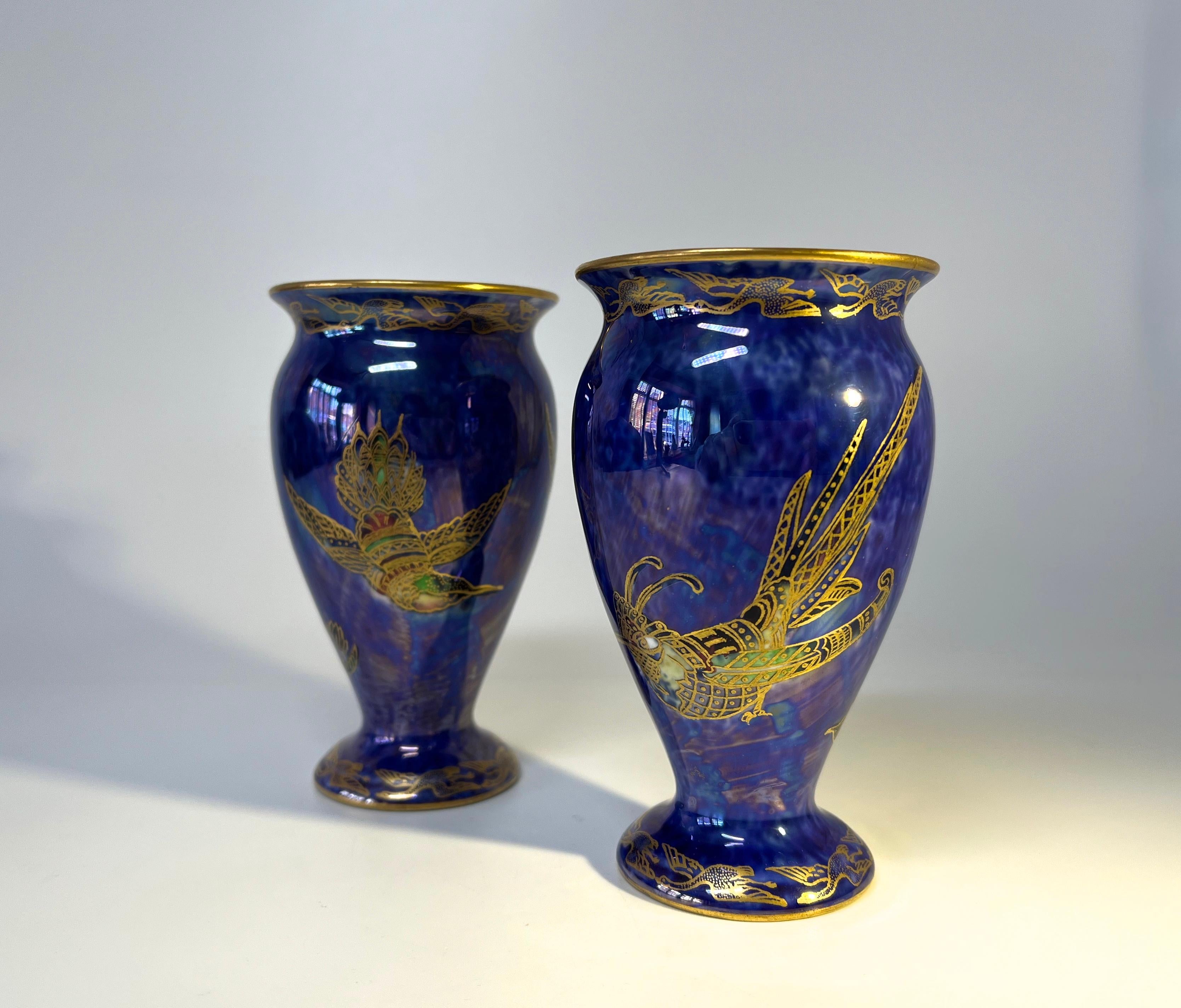 Glazed Exquisite Pair Wedgwood Royal Blue Bird of Paradise Ordinary Lustre Vases Z5294 For Sale