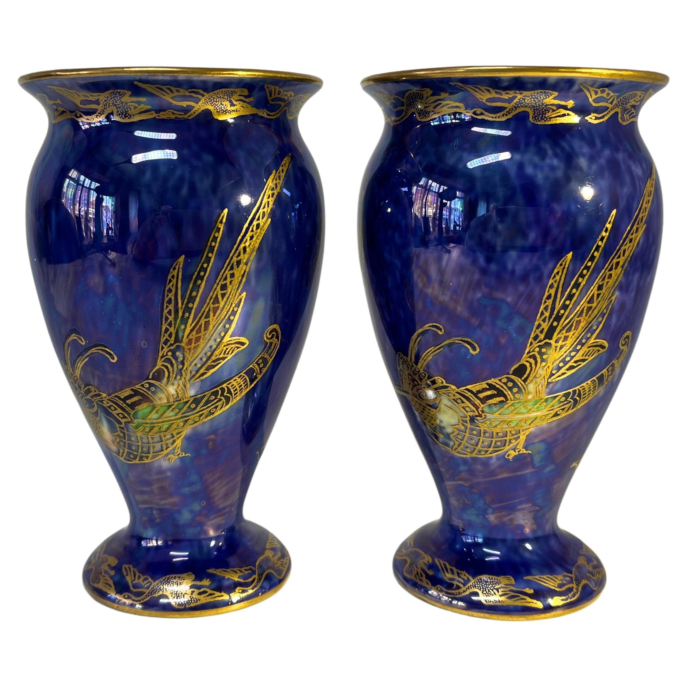 Exquisite Pair Wedgwood Royal Blue Bird of Paradise Ordinary Lustre Vases Z5294 For Sale