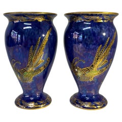 Exquisite Pair Wedgwood Royal Blue Bird of Paradise Fairyland Lustre Vases Z5294