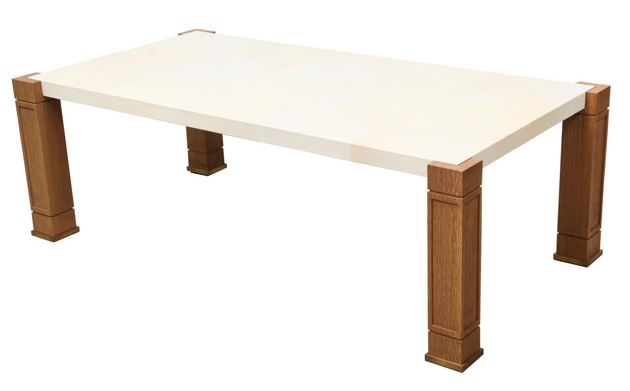 An exquisite parchment and cerused oak coffee table in the Jean Michel Frank manner.
This is a custom made table. Our turnaround time is approximately 8 to 10 weeks.