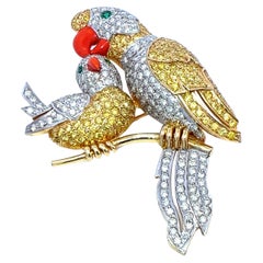 Exquisite Parrot Brooch inlaid with Diamond & Sapphire In 14k Gold