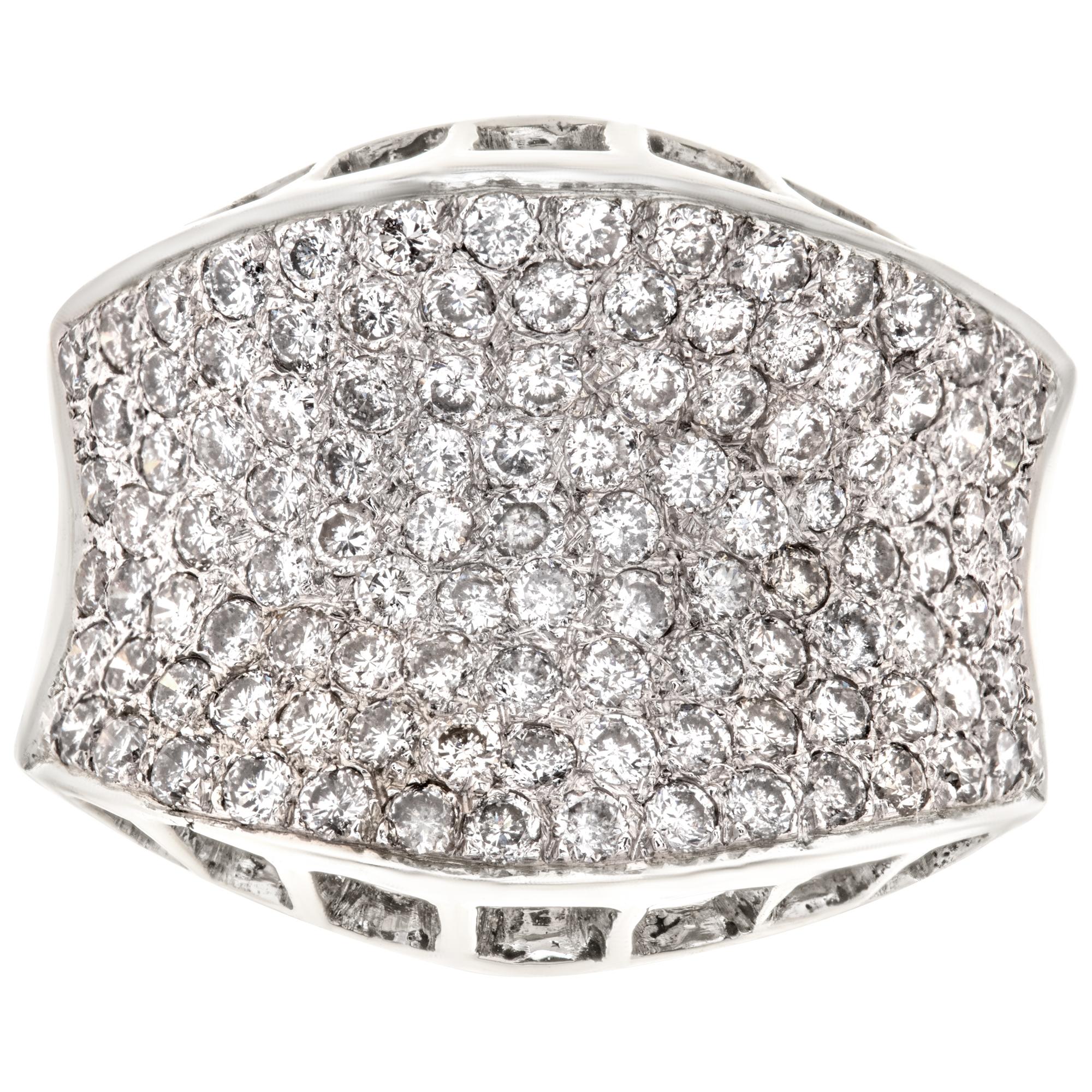 Exquisite pave diamond ring with approx. 1.25 carats of white briliant-cut diamonds set in 18k white gold. Size 6.This Diamond ring is currently size 6 and some items can be sized up or down, please ask! It weighs 4.7 pennyweights and is 18k.