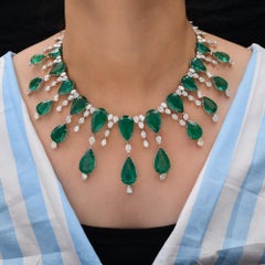 Exquisite Pear 173.64Ct Emerald Diamond Fringe Choker Necklace 18k White Gold