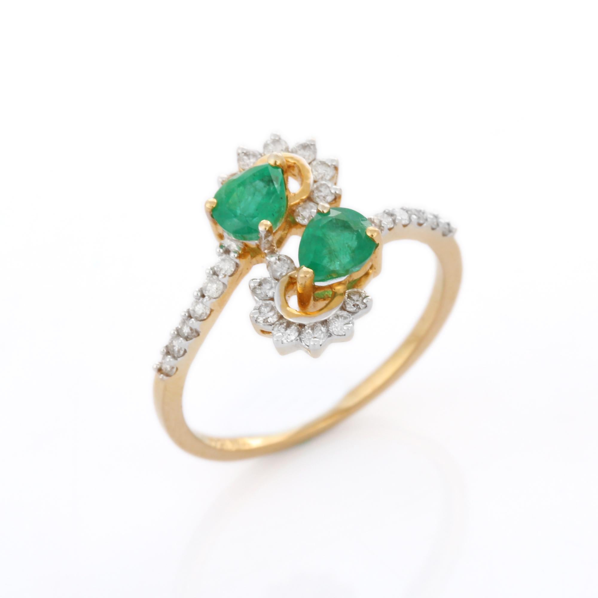 For Sale:  Exquisite Pear Cut Emerald and Diamond Open Ring in 18K Yellow Gold for Her 2