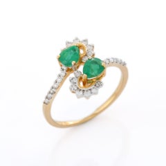 Exquisite Pear Cut Emerald and Diamond Open Ring in 18K Yellow Gold for Her
