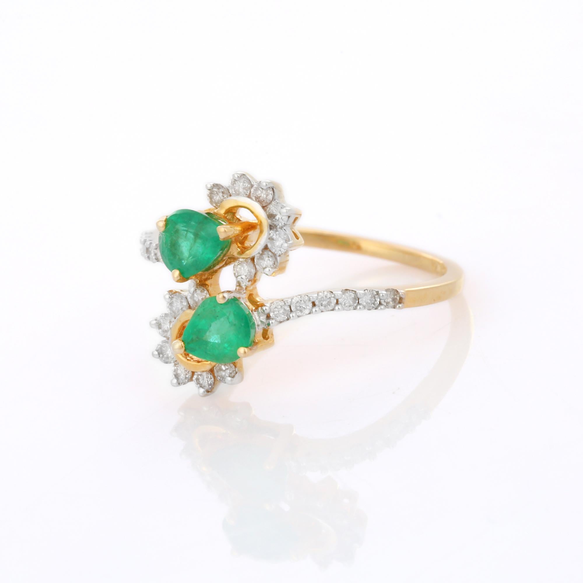 For Sale:  Exquisite Pear Cut Emerald and Diamond Open Ring in 18K Yellow Gold for Her 3