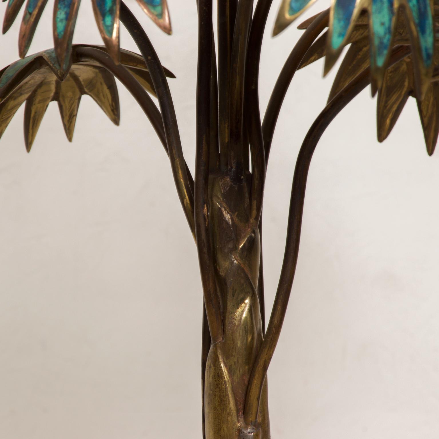 Mexican 1950s Pepe Mendoza Palm Tree Tall Table Lamp Bronze & Malachite Mexico For Sale