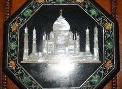 EXQUISITE PIETRA DURA MARBLE & MOTHER OF PEARL TABLE TOP DEPiCTING THE TAJ MAHAL
