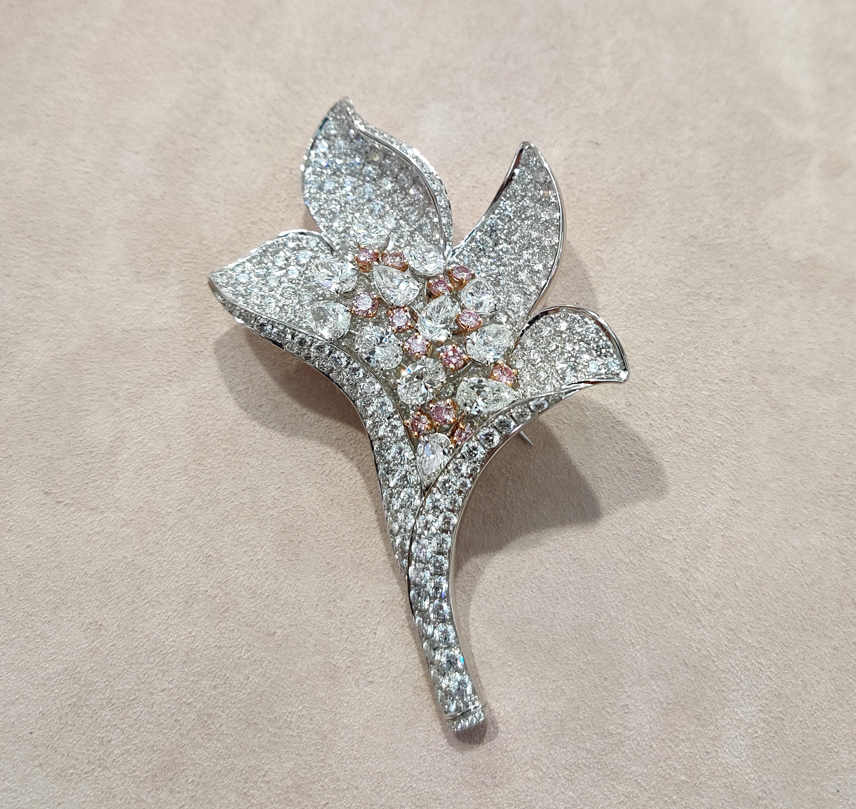 Women's or Men's Exquisite Chatila Pink and White Diamond Flower Brooch For Sale