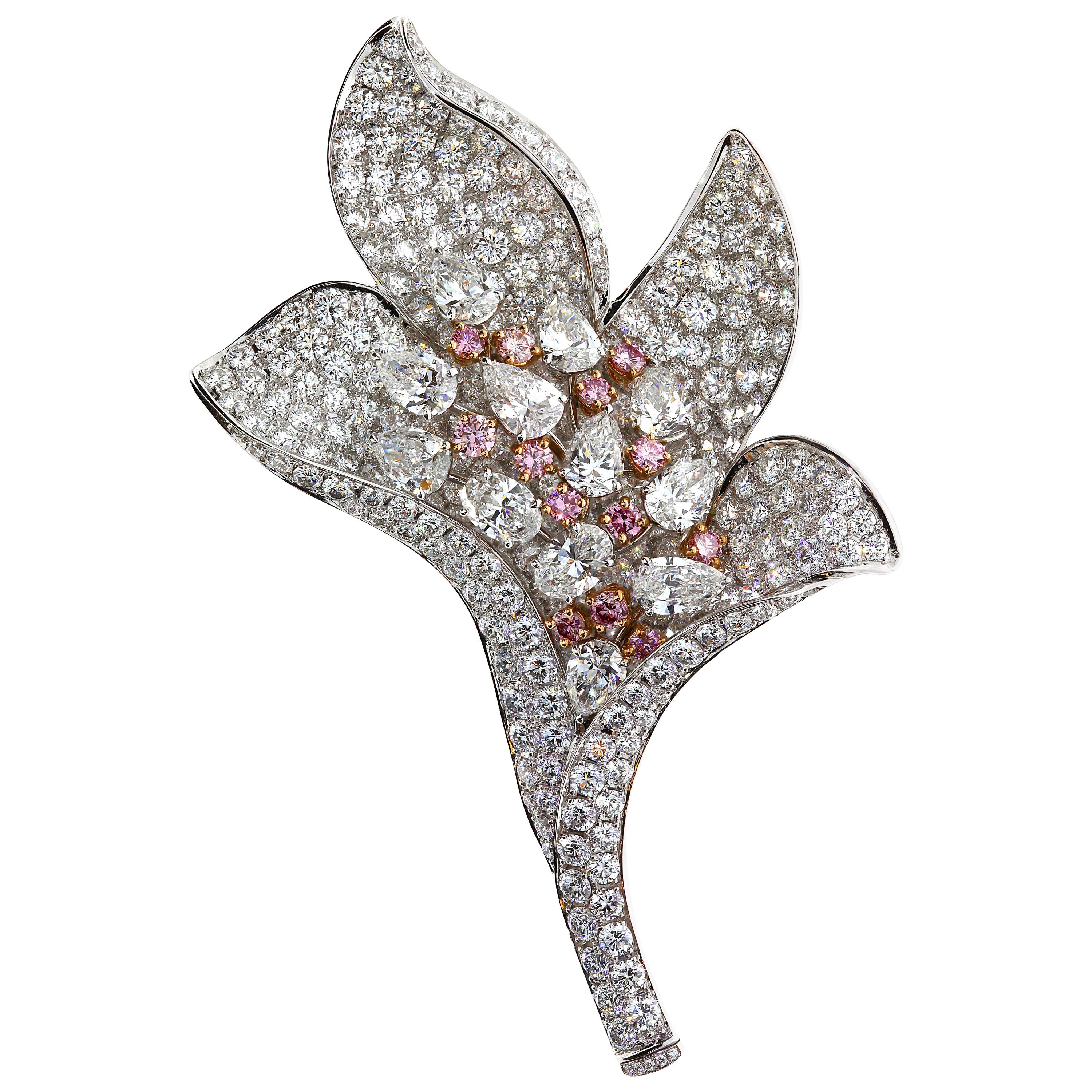 Exquisite Chatila Pink and White Diamond Flower Brooch For Sale