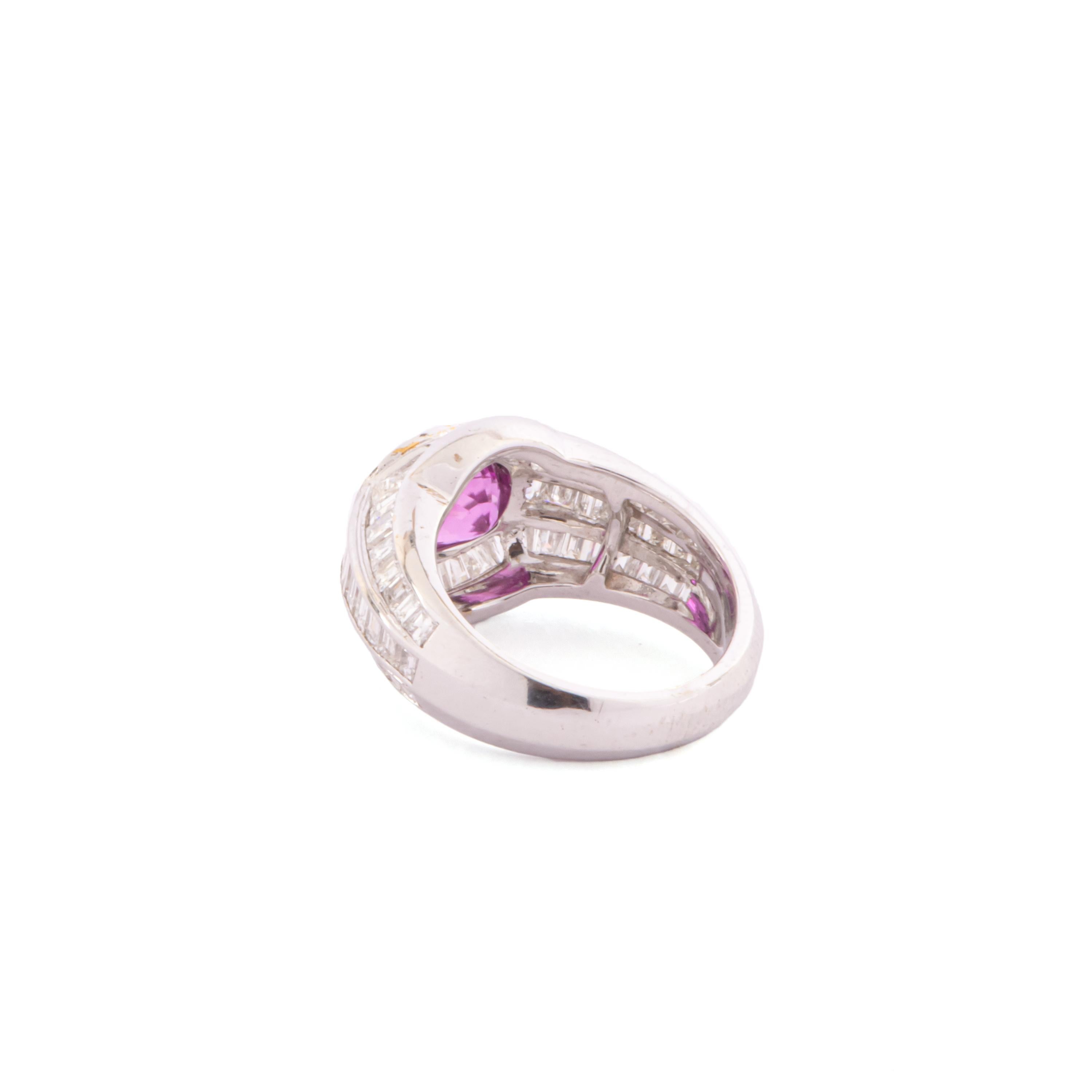 Romantic Exquisite Pink Sapphire, Baguettes Diamonds and 18kt White Gold Cocktail Ring For Sale