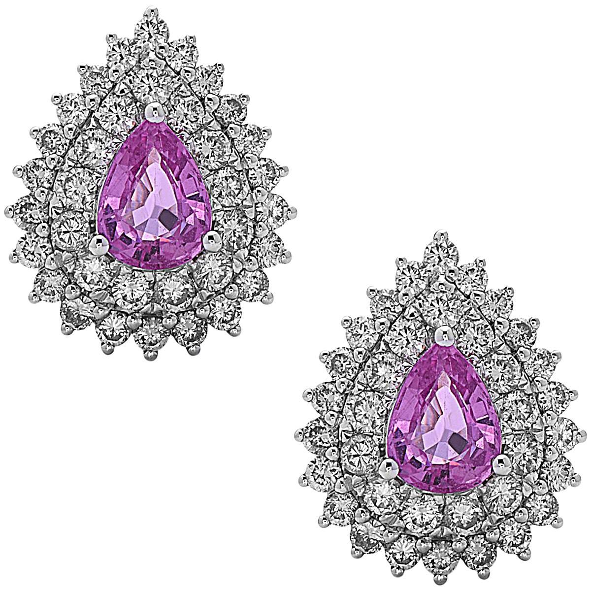 Exquisite Pink Sapphire Stud Earrings With Diamonds Made In 18k White Gold For Sale