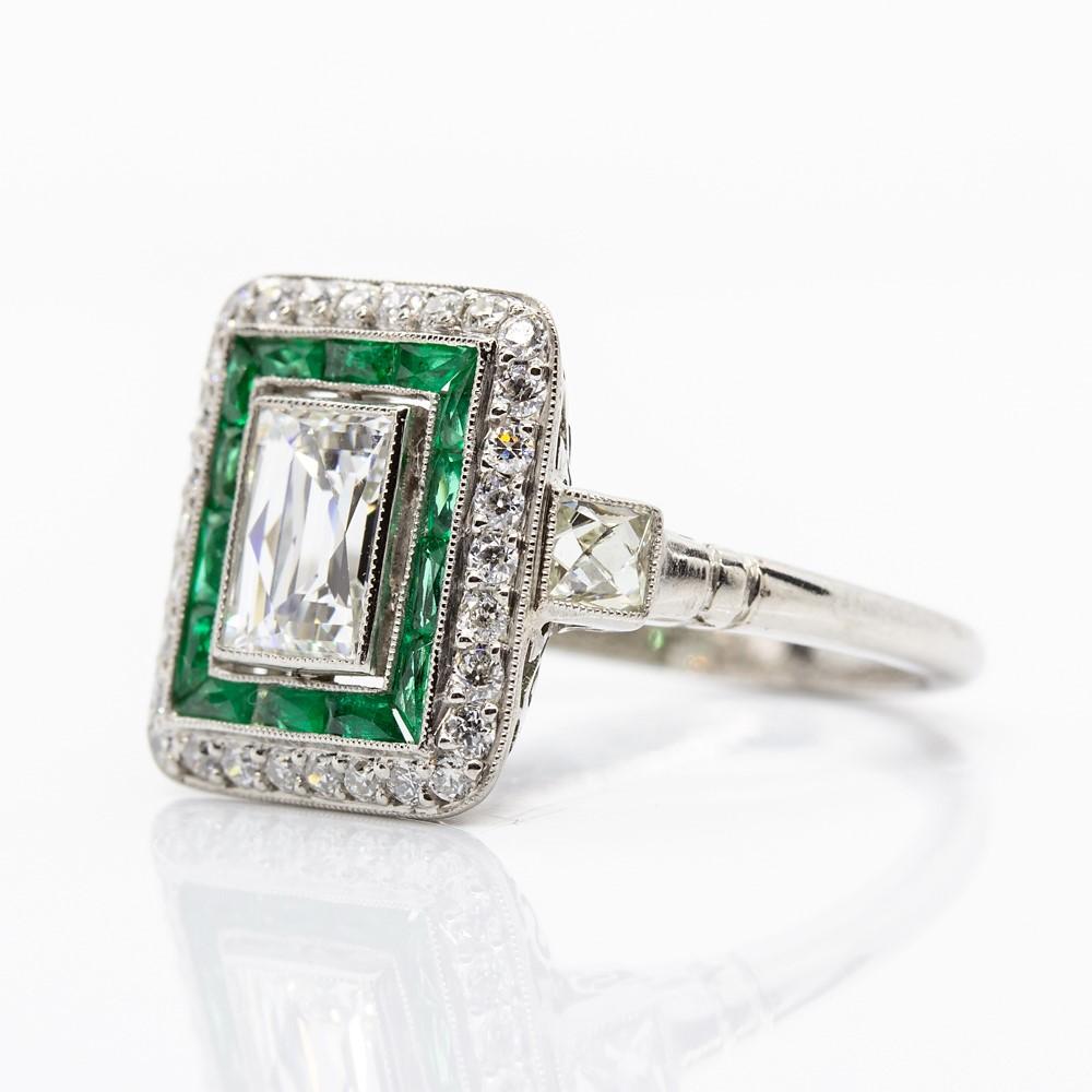 Old Mine Cut Exquisite Platinum GIA Certified Diamonds and Emeralds Ring