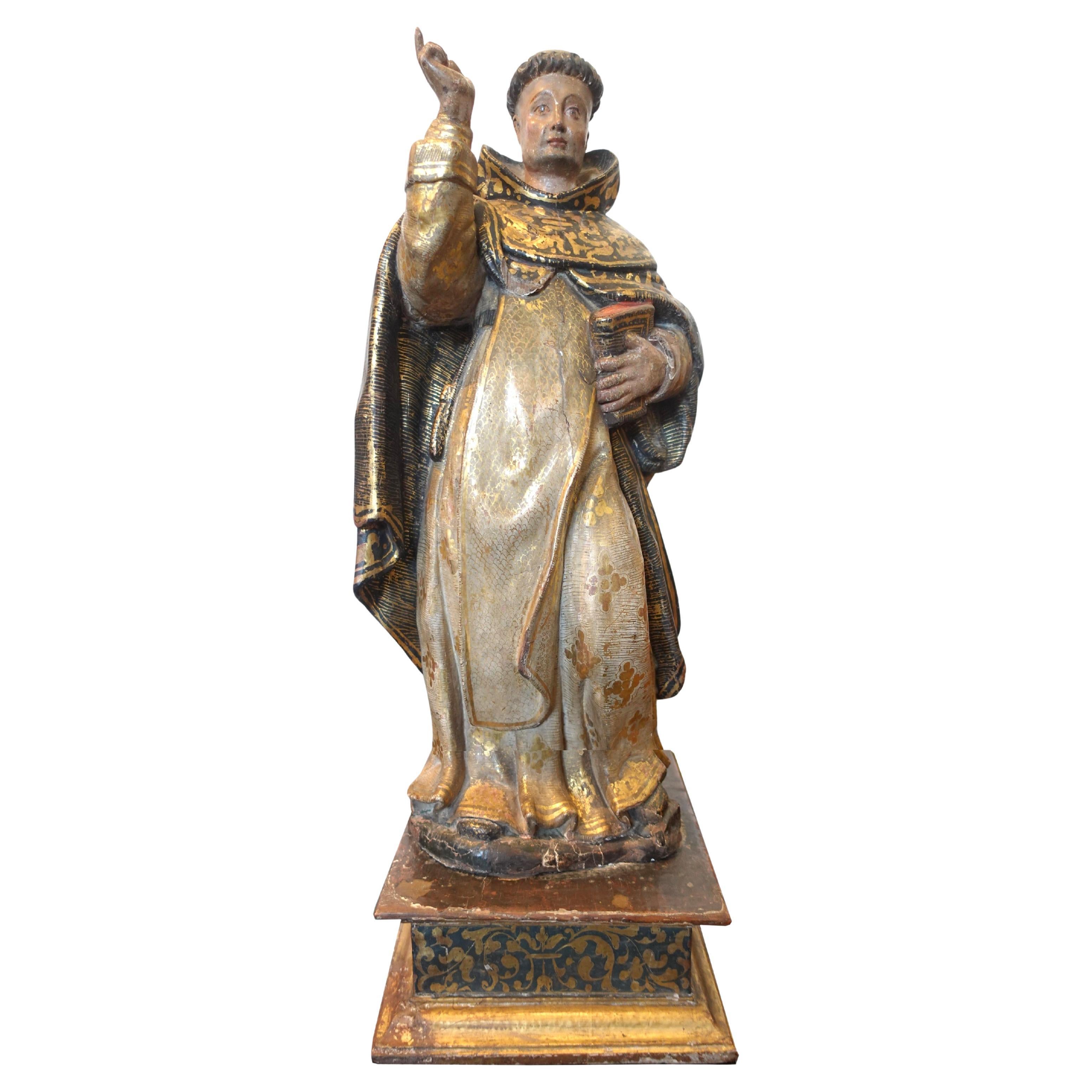 Exquisita escultura española de madera policromada de Santo Domingo