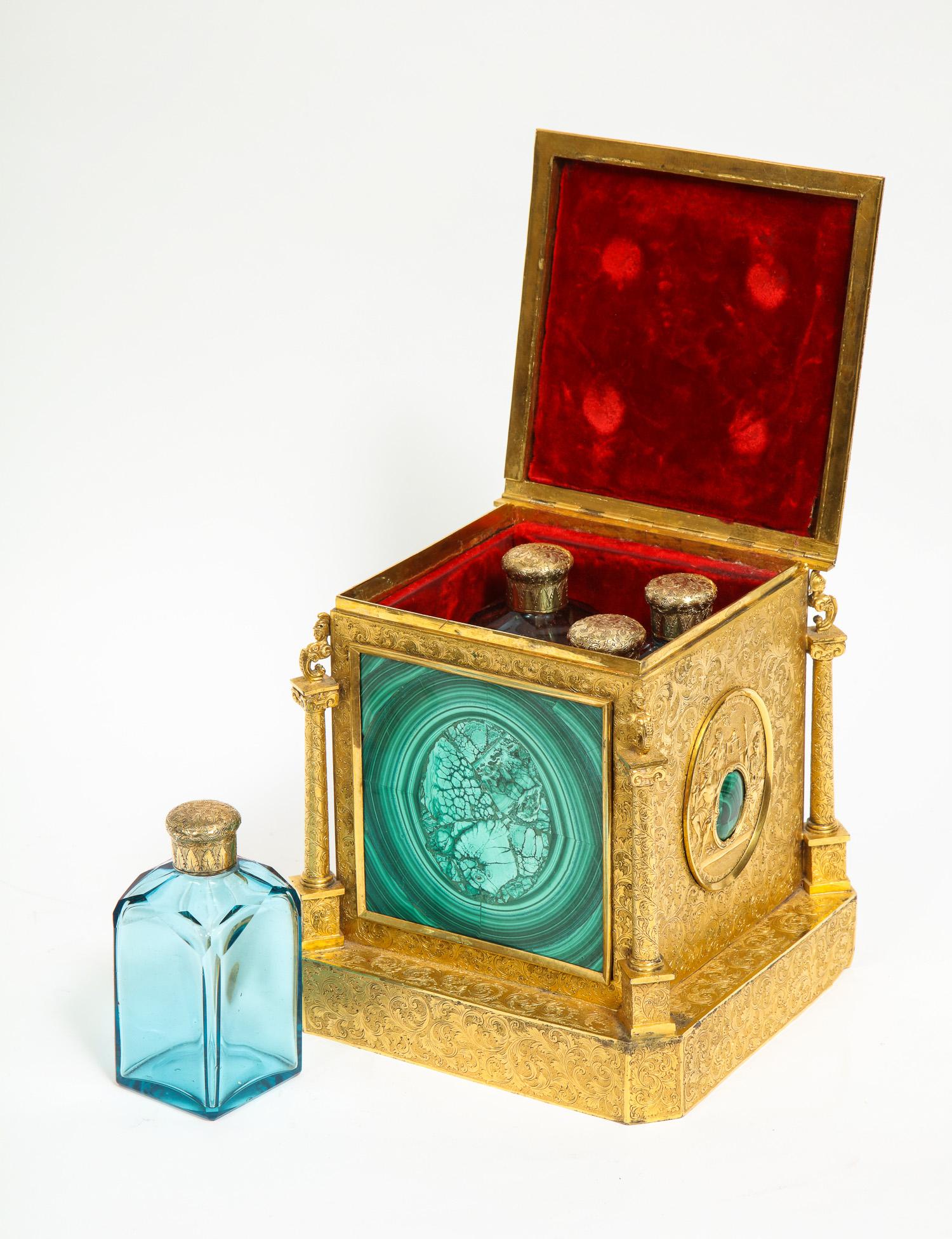 Exquisite Quality Napoleon III Engraved Ormolu and Malachite Perfume Bottle Box 6