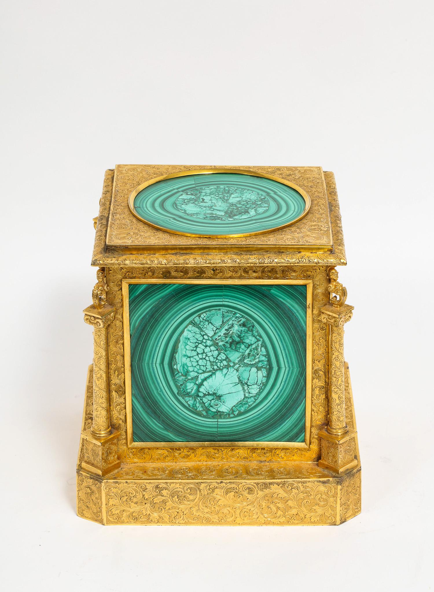French Exquisite Quality Napoleon III Engraved Ormolu and Malachite Perfume Bottle Box