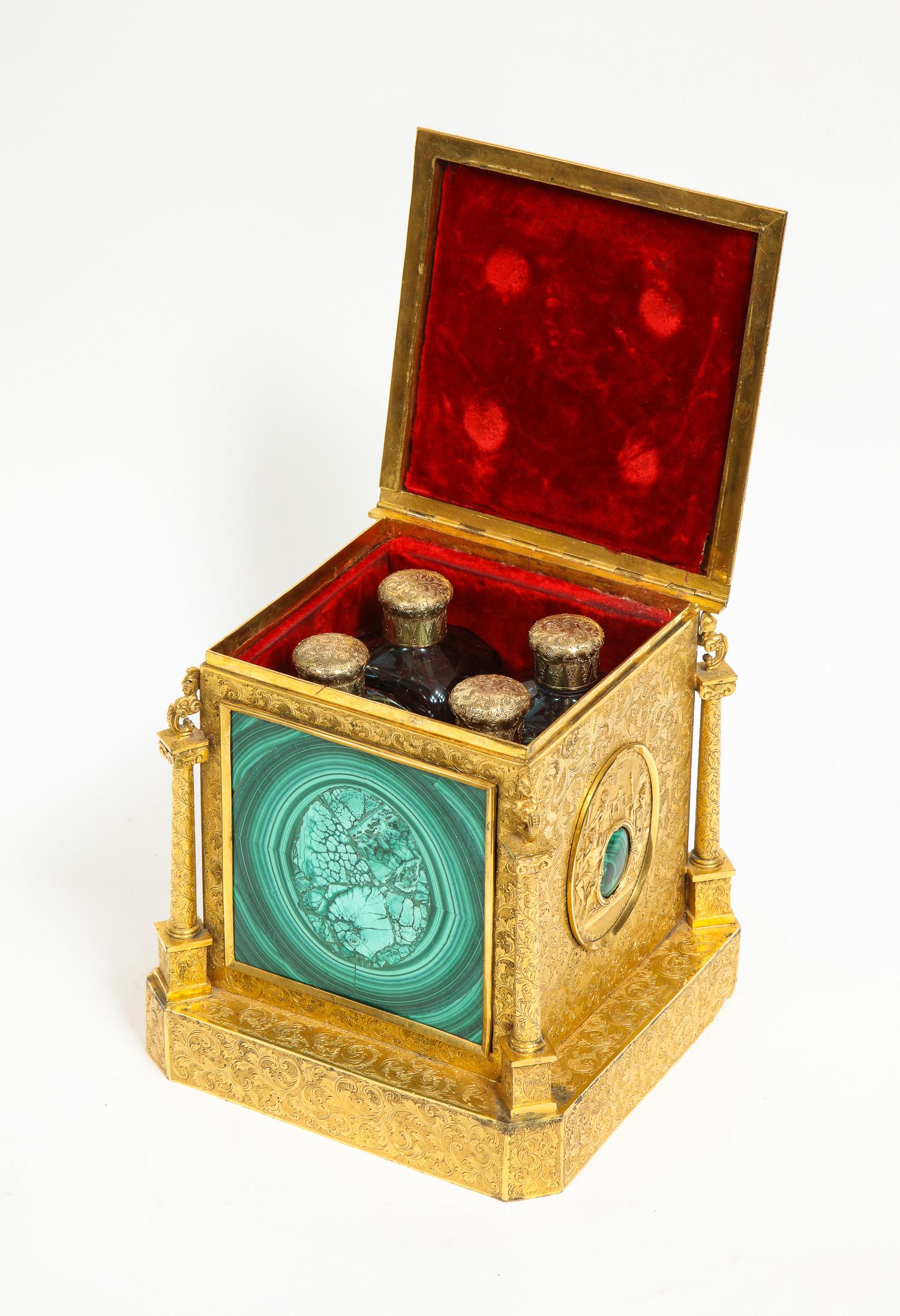Exquisite Quality Napoleon III Engraved Ormolu and Malachite Perfume Bottle Box In Excellent Condition In New York, NY